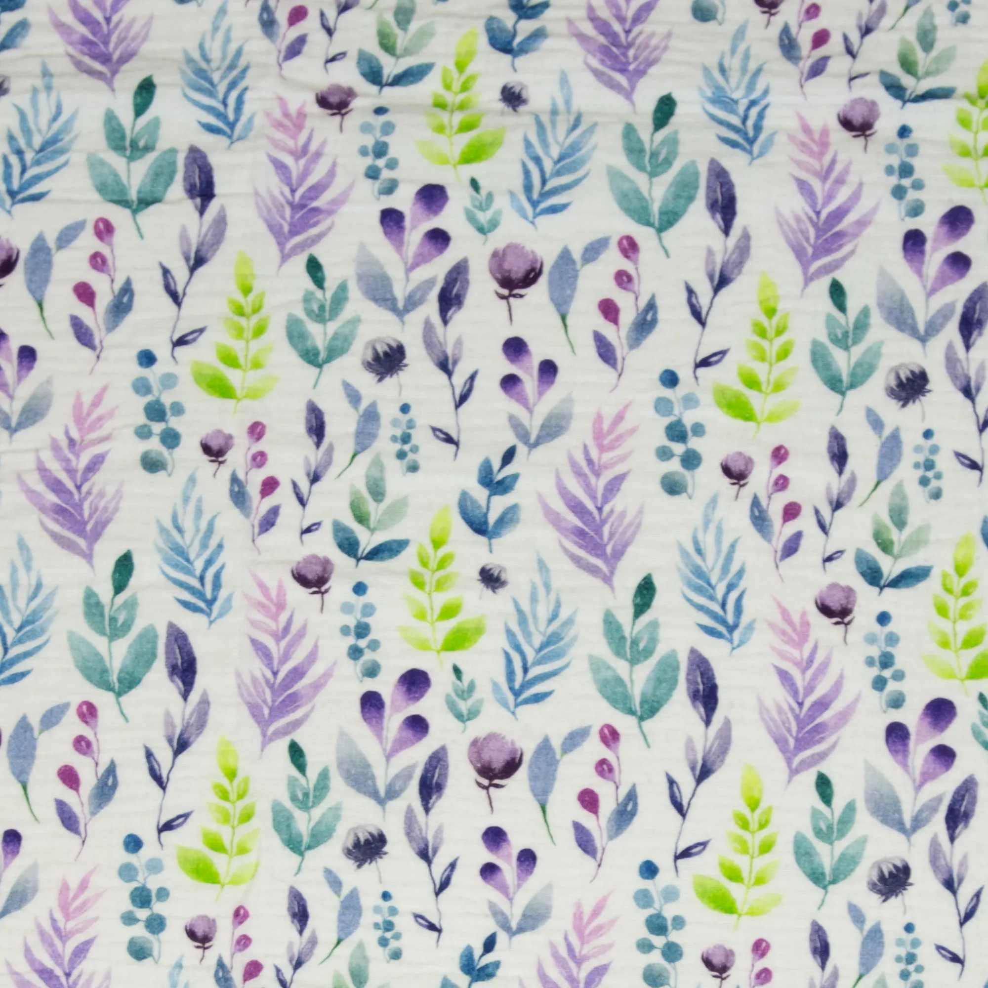 Double gauze wit met bladeren en bloemen