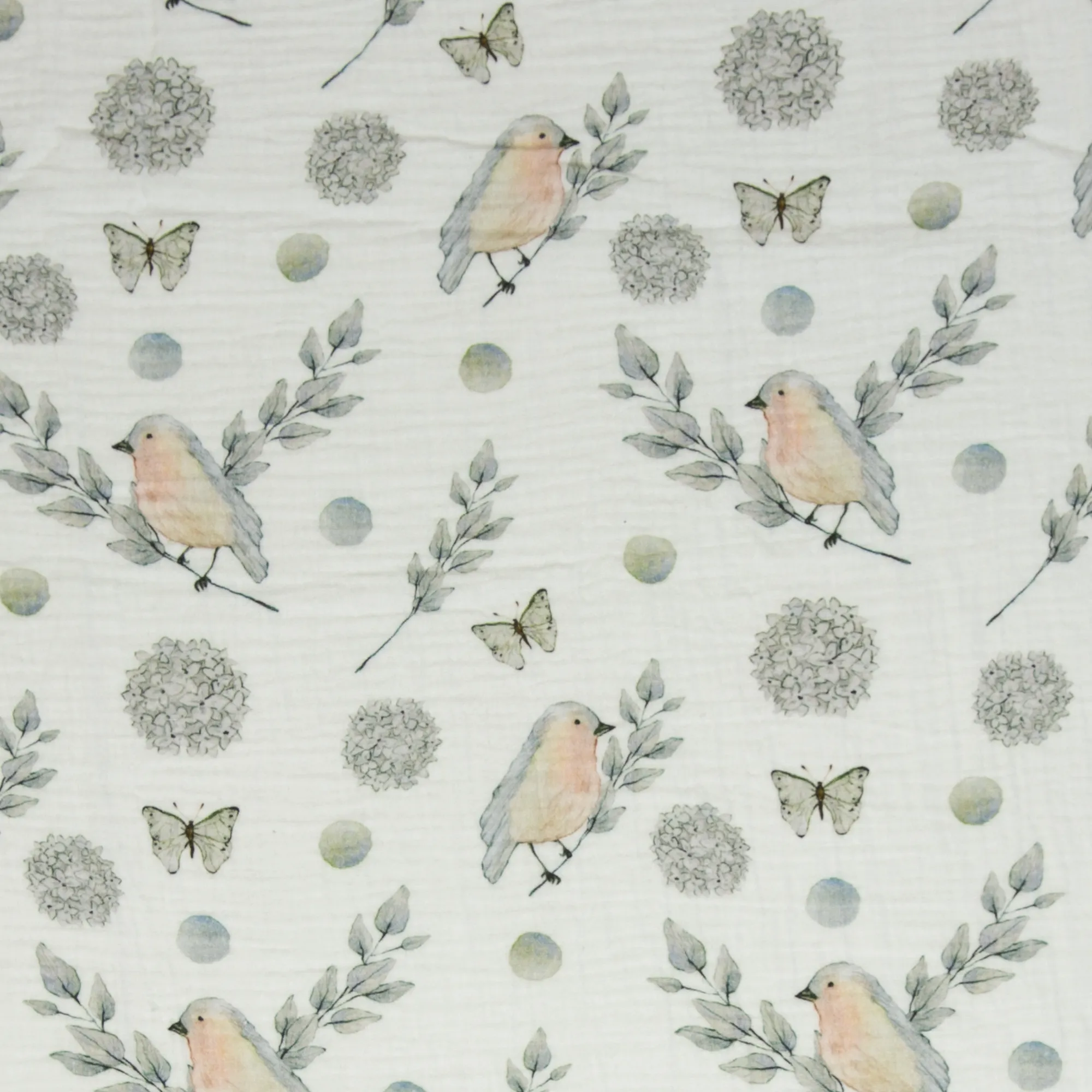 Double gauze wit met vogels en bloemen