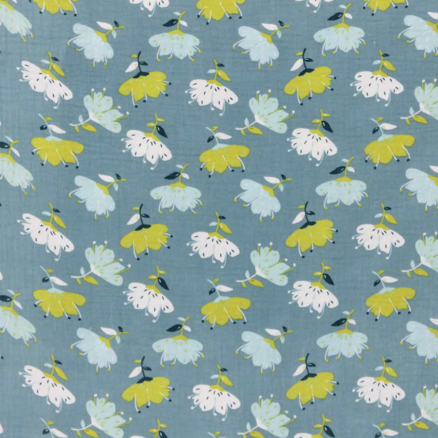 Double gauze blauw met groene bloemen