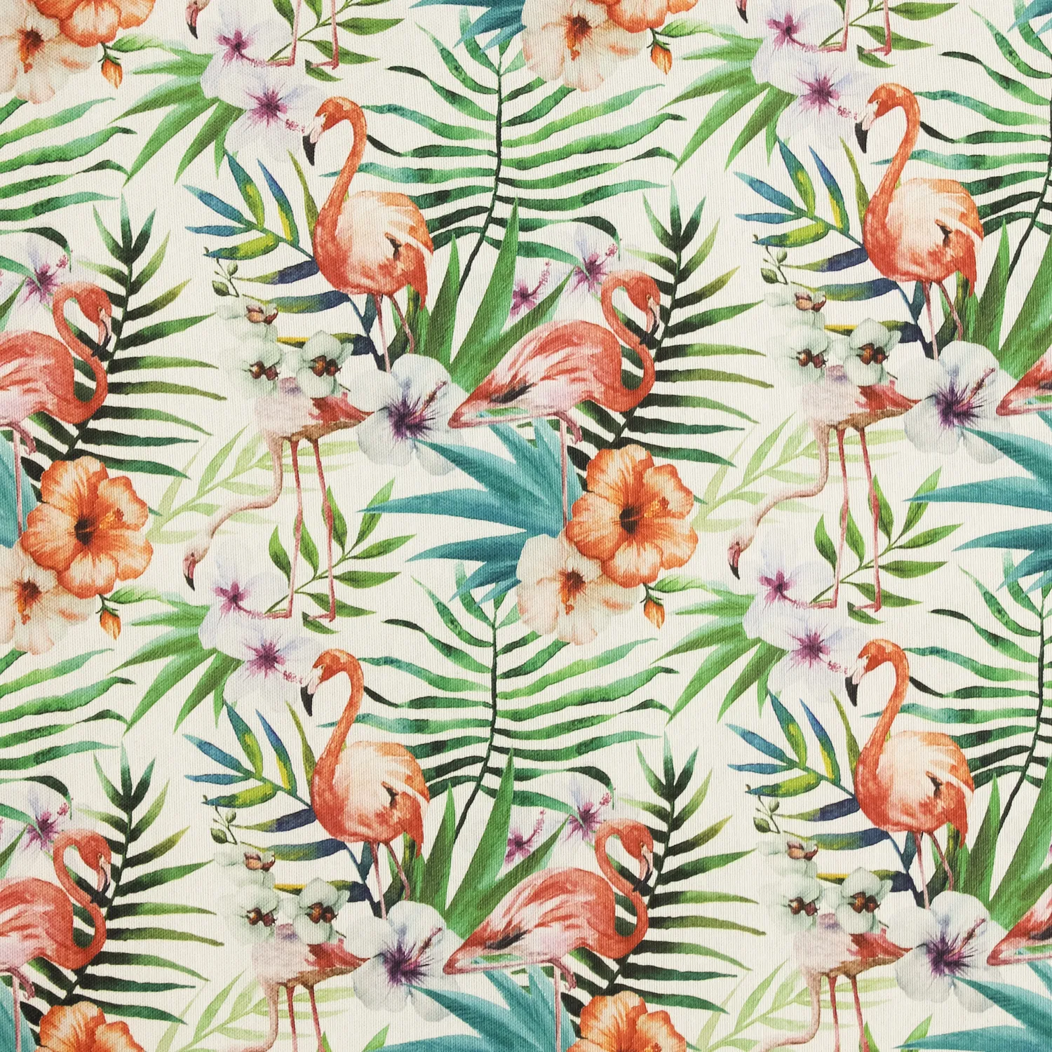 Canvas wit met planten en flamingo's