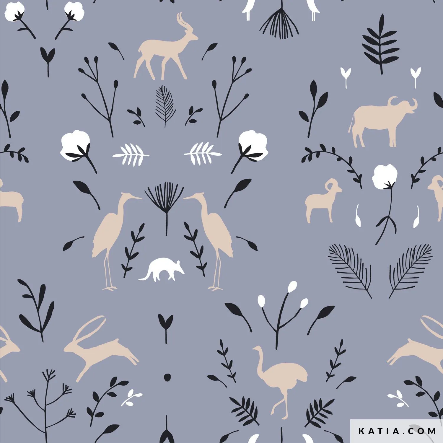 Sweaterstof blauw met dieren en planten - Katia Fabrics