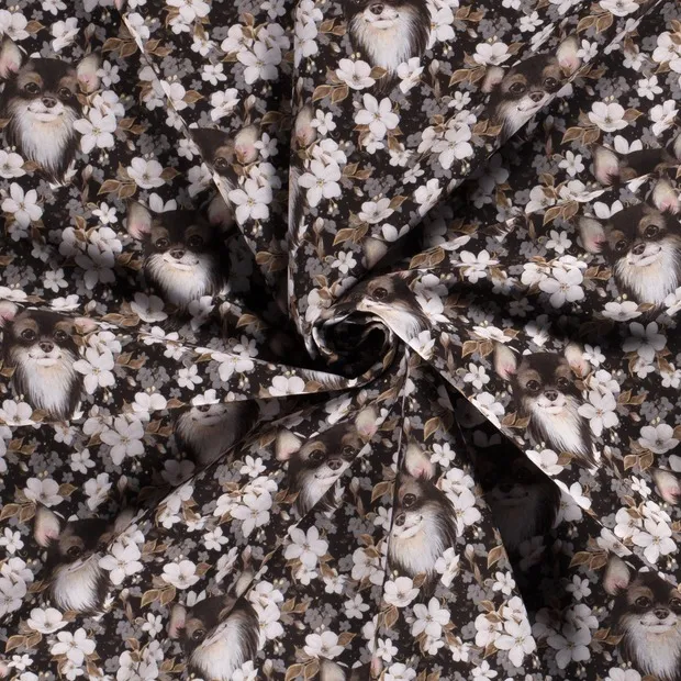 Softshell zwart met bloemen en honden