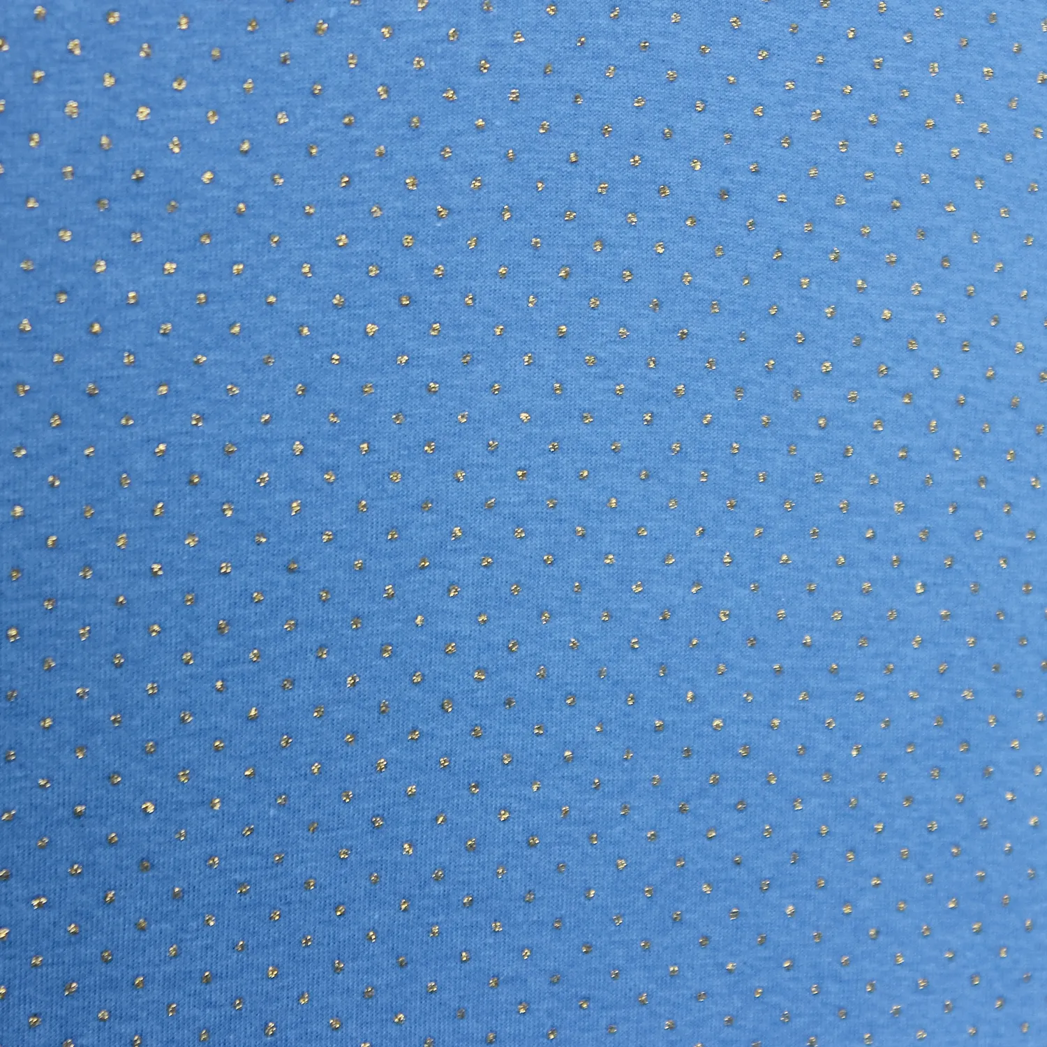 Tricot blauw met gouden lurex bolletjes