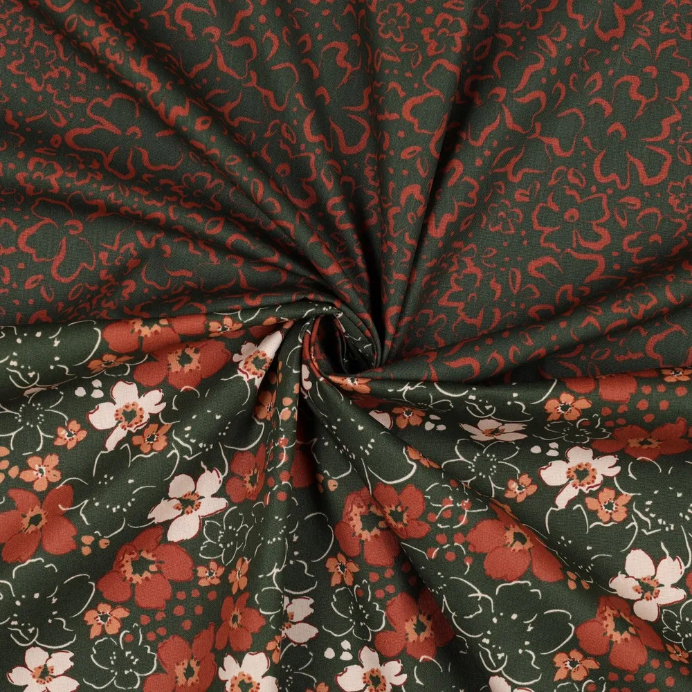 Katoen groen met bruine bloemen - Poppy