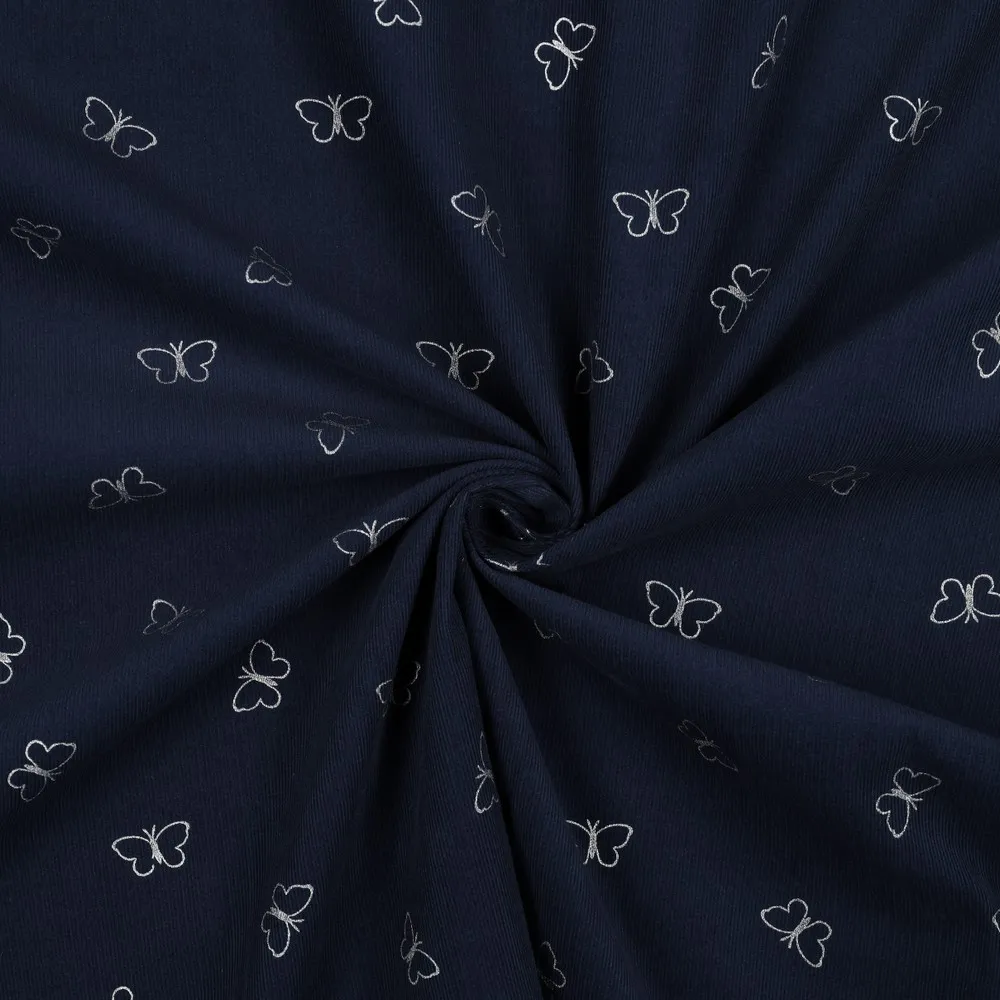 Ribfluweel blauw met vlinders - Poppy
