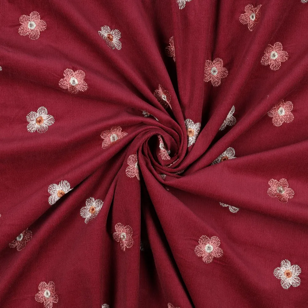 Ribfluweel donkerroze met bloemen - Poppy