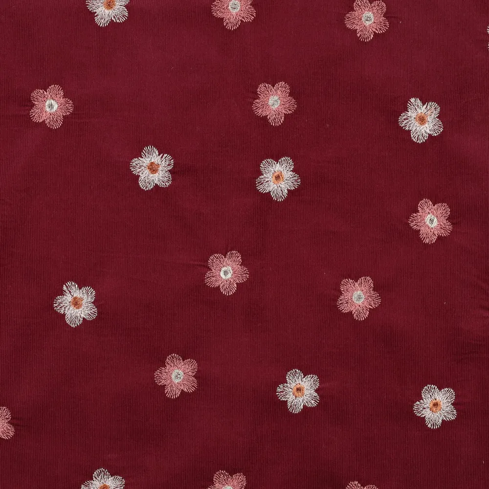 Ribfluweel donkerroze met bloemen - Poppy