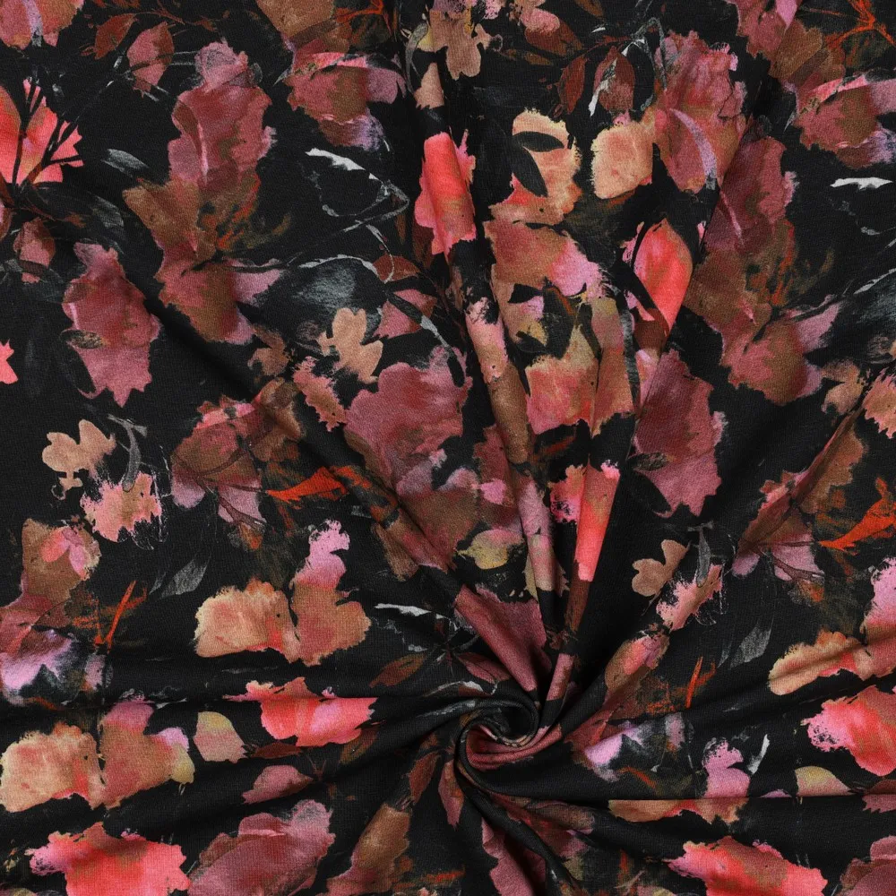 Katoen tricot zwart met bloemen - Poppy