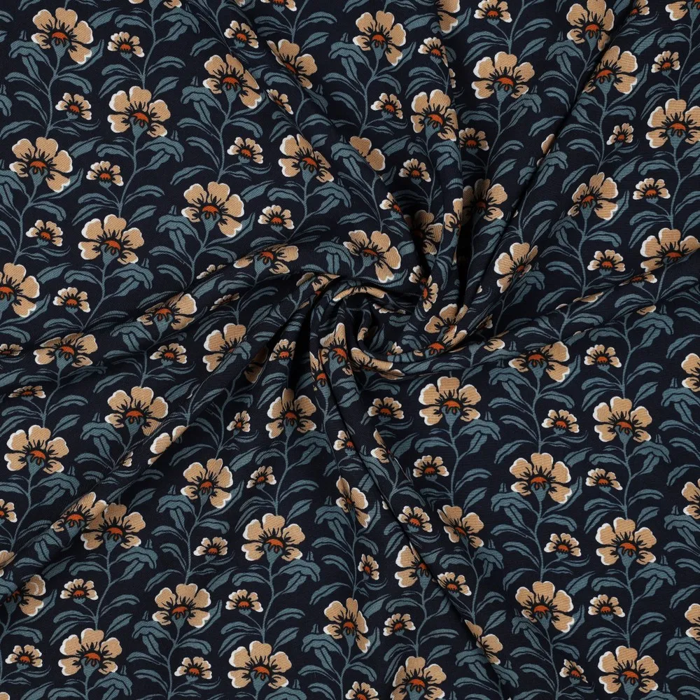 Viscose blauw met bruine bloemen - Poppy