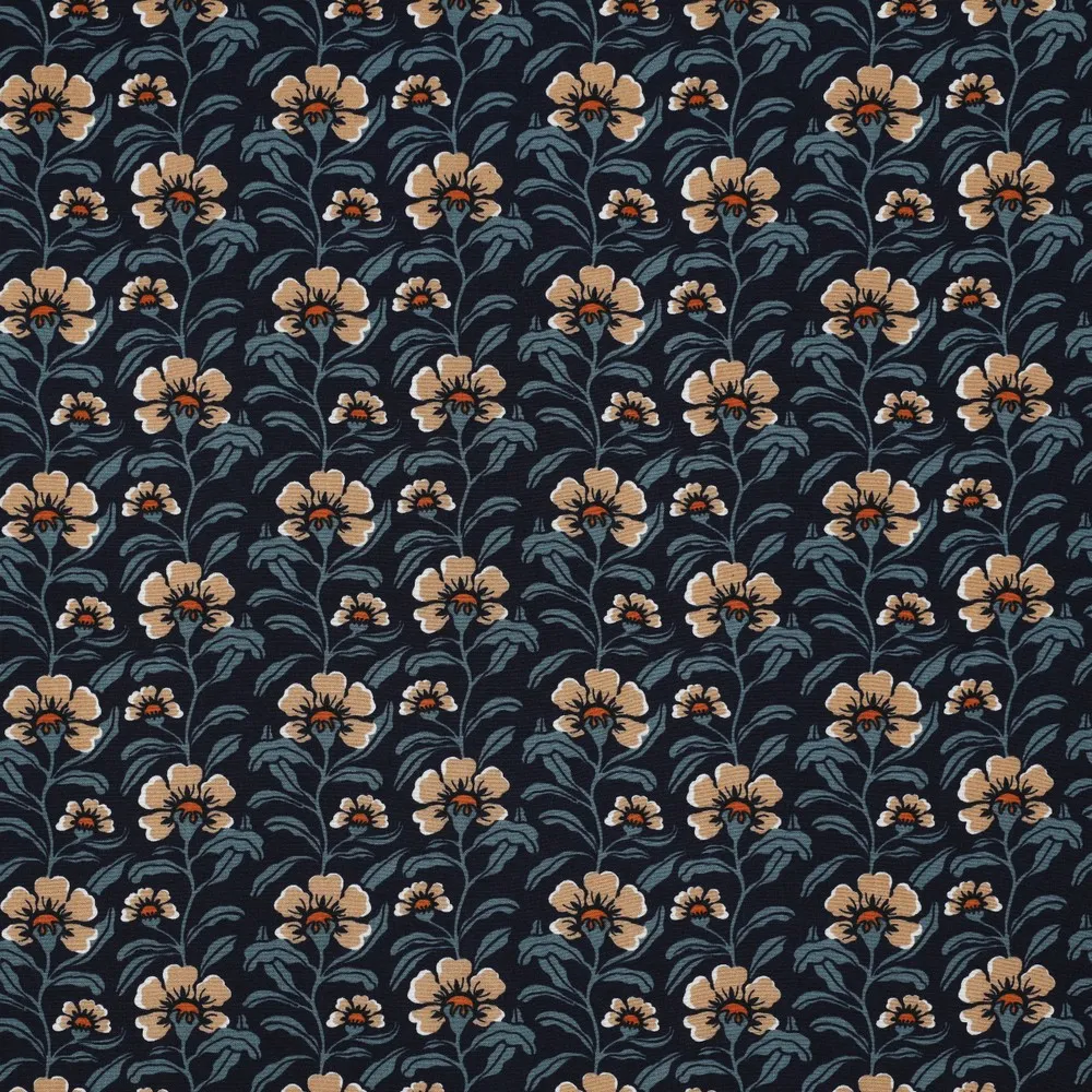Viscose blauw met bruine bloemen - Poppy