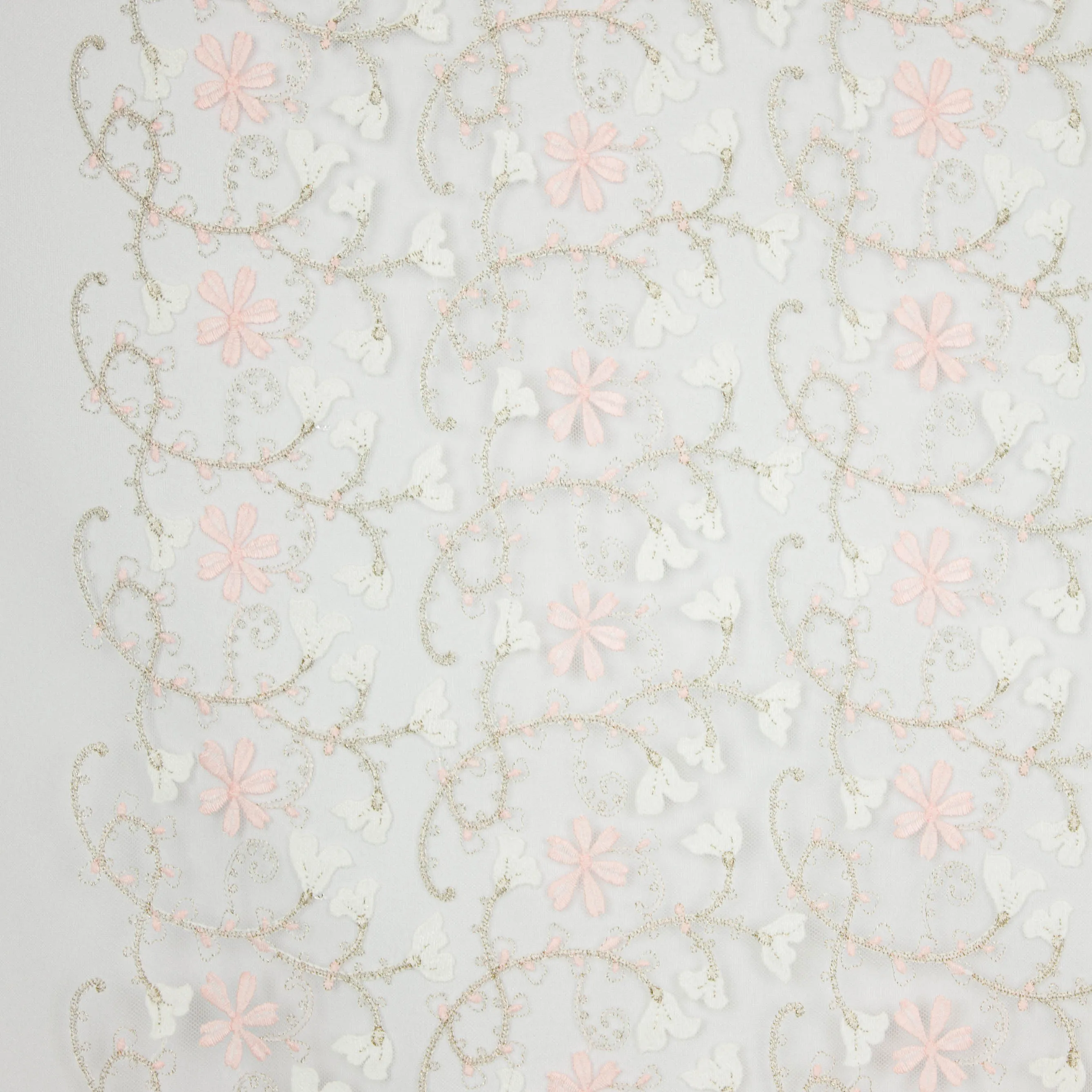 Witte tule met glinsterend zilverpatroon en witte / roze bloemetjes - Lorré