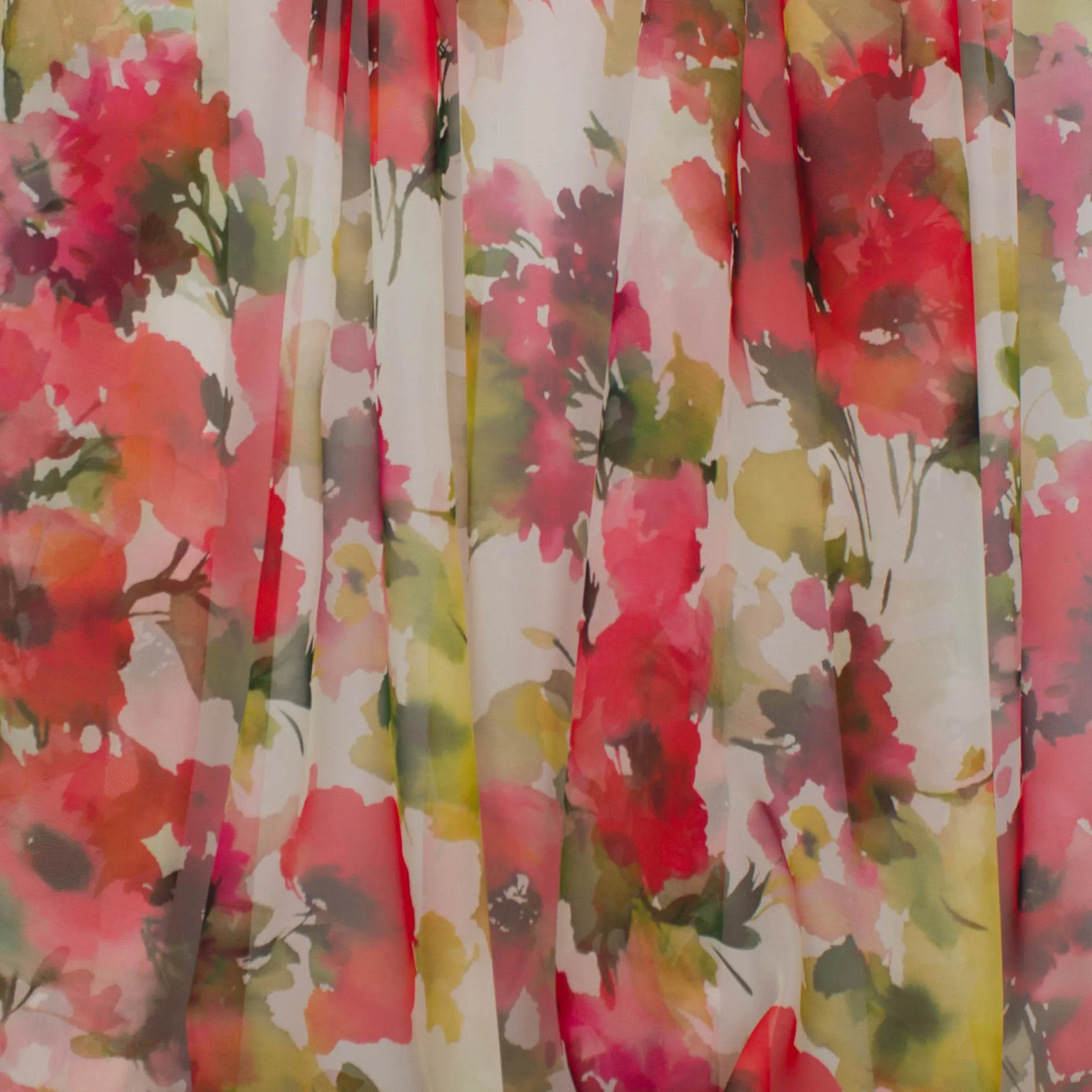 Chiffon wit met rode / fuchsia bloemen - Lorré