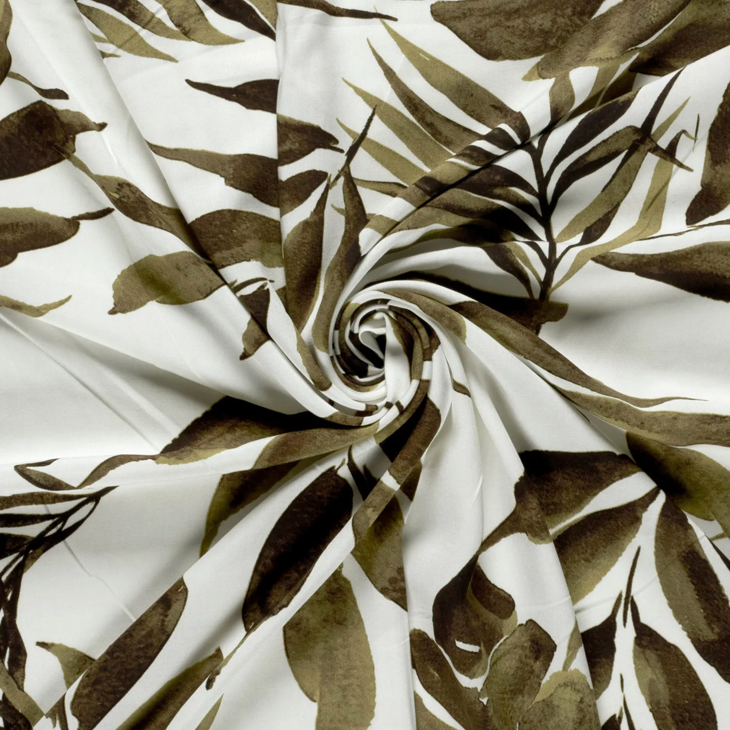 Viscose Poplin stof bedrukt Bladeren Kaki groen - My Image