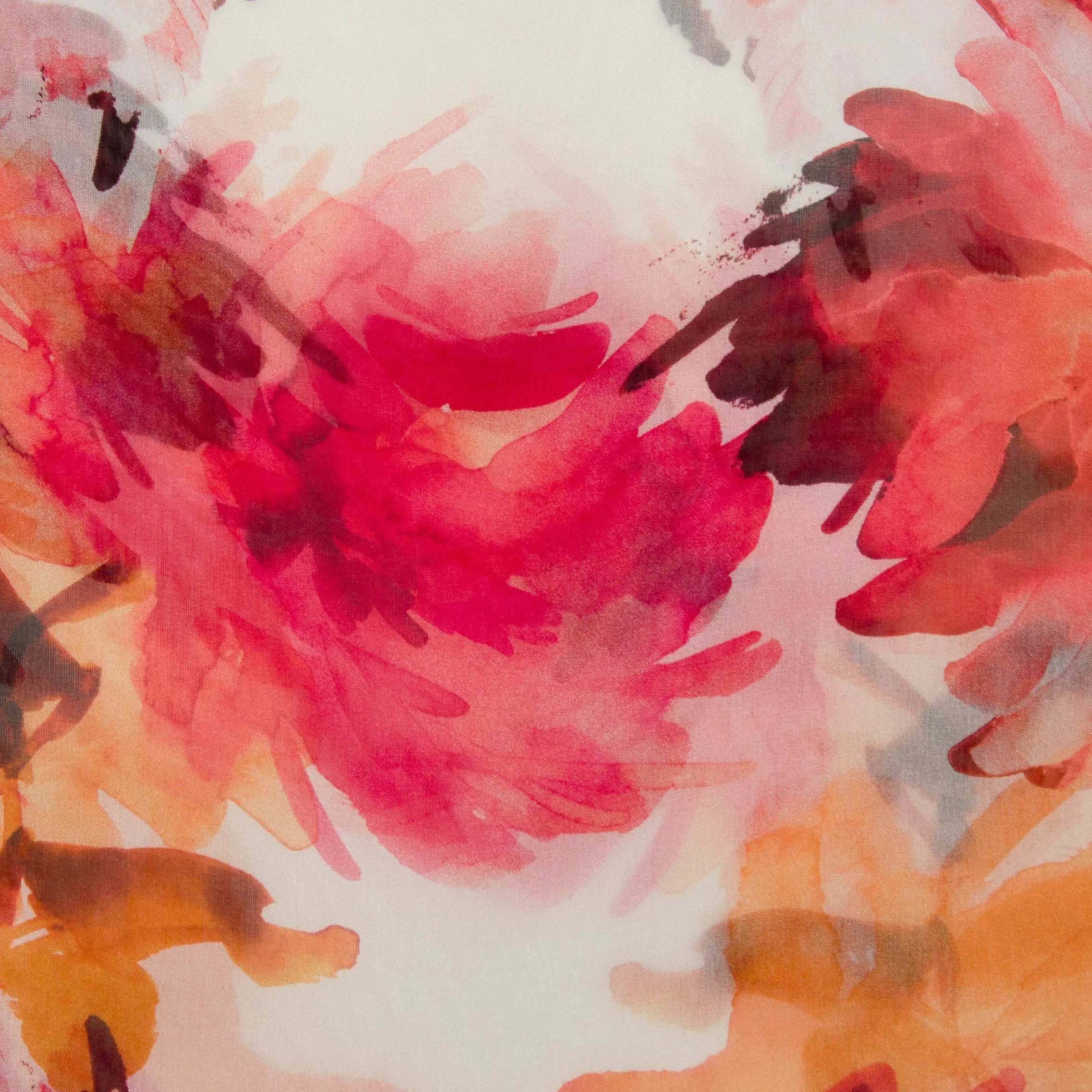 Chiffon voile zijde gebroken wit met rood en oranje bloemen in inkt aquarel - Alta Moda - Lorré