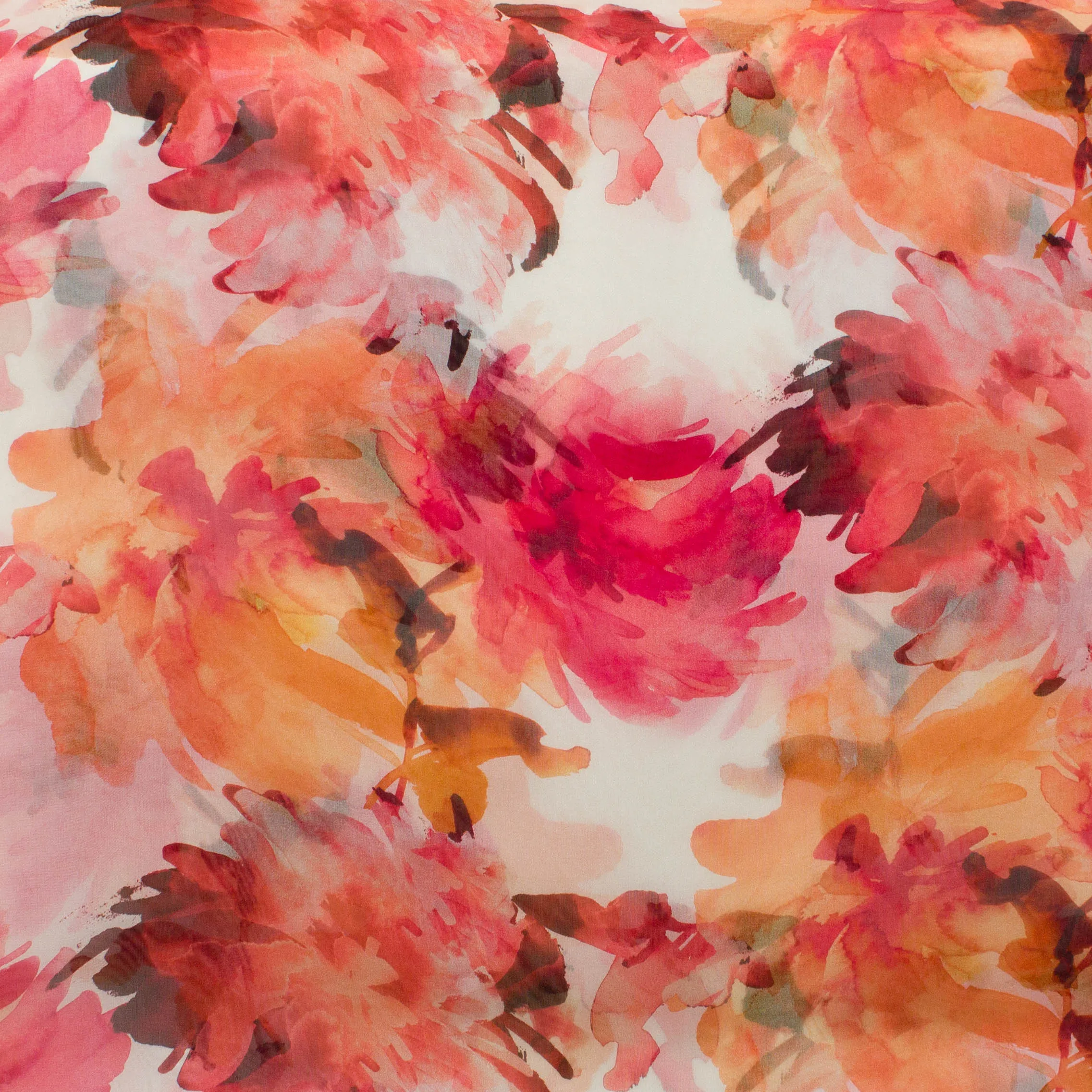 Chiffon voile zijde gebroken wit met rood en oranje bloemen in inkt aquarel - Alta Moda - Lorré