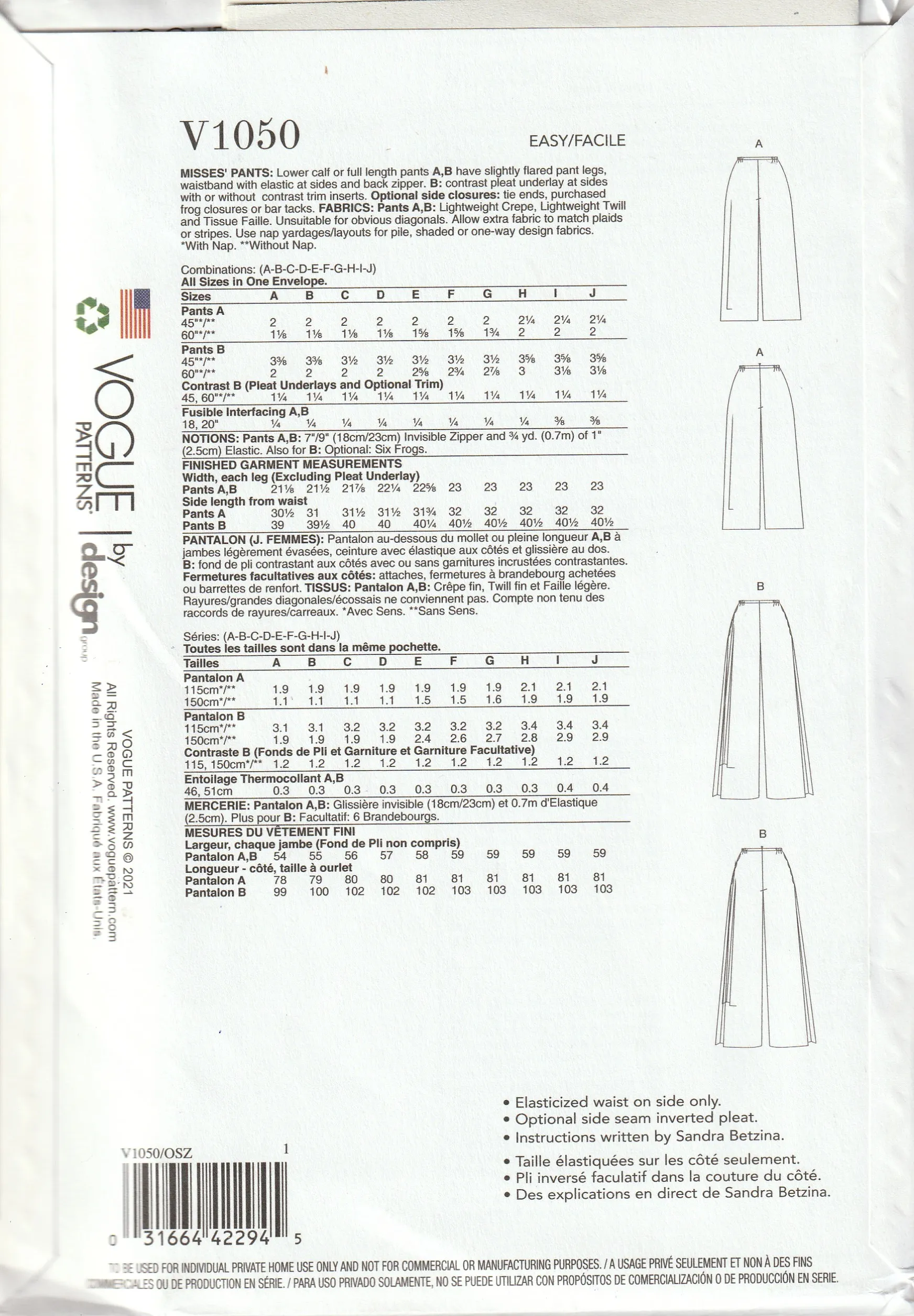 Patroon broek V1050 alle maten - Vogue Patterns®