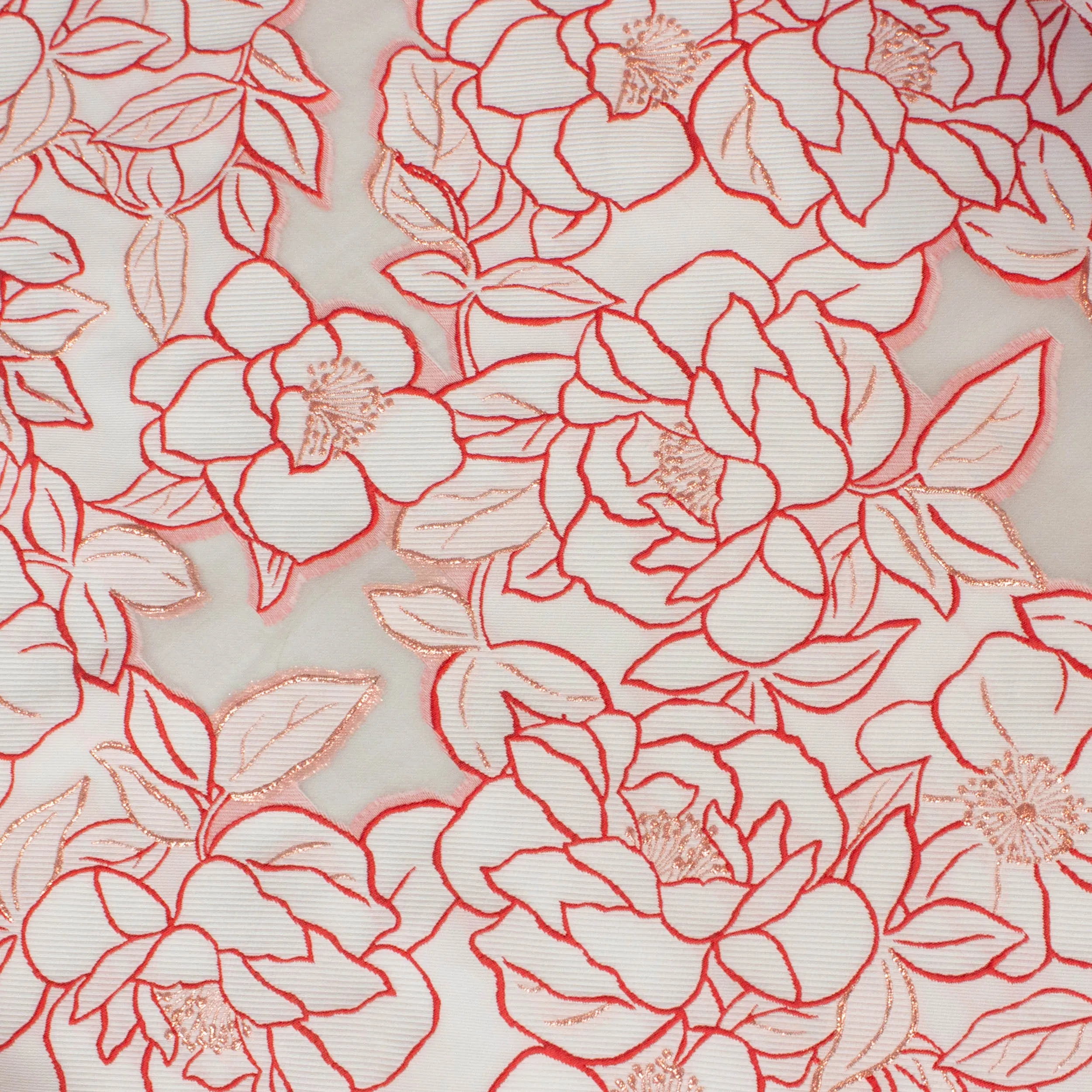 Jacquard broderie doorschijnend met witte en rode bloemen afgewerkt met lurexdraad - Lorré