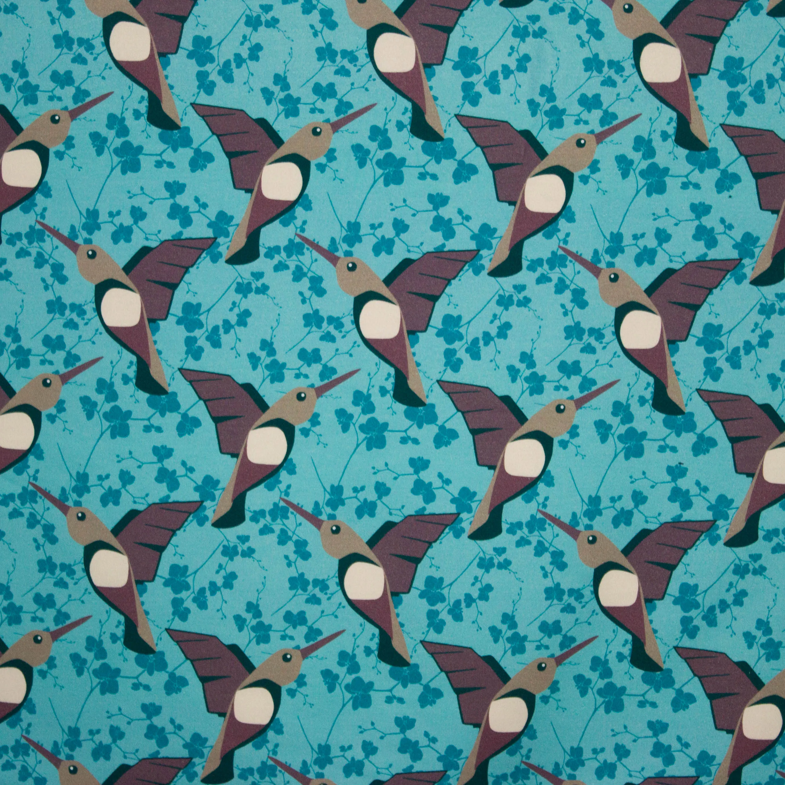 French terry blauw met bruine vogels