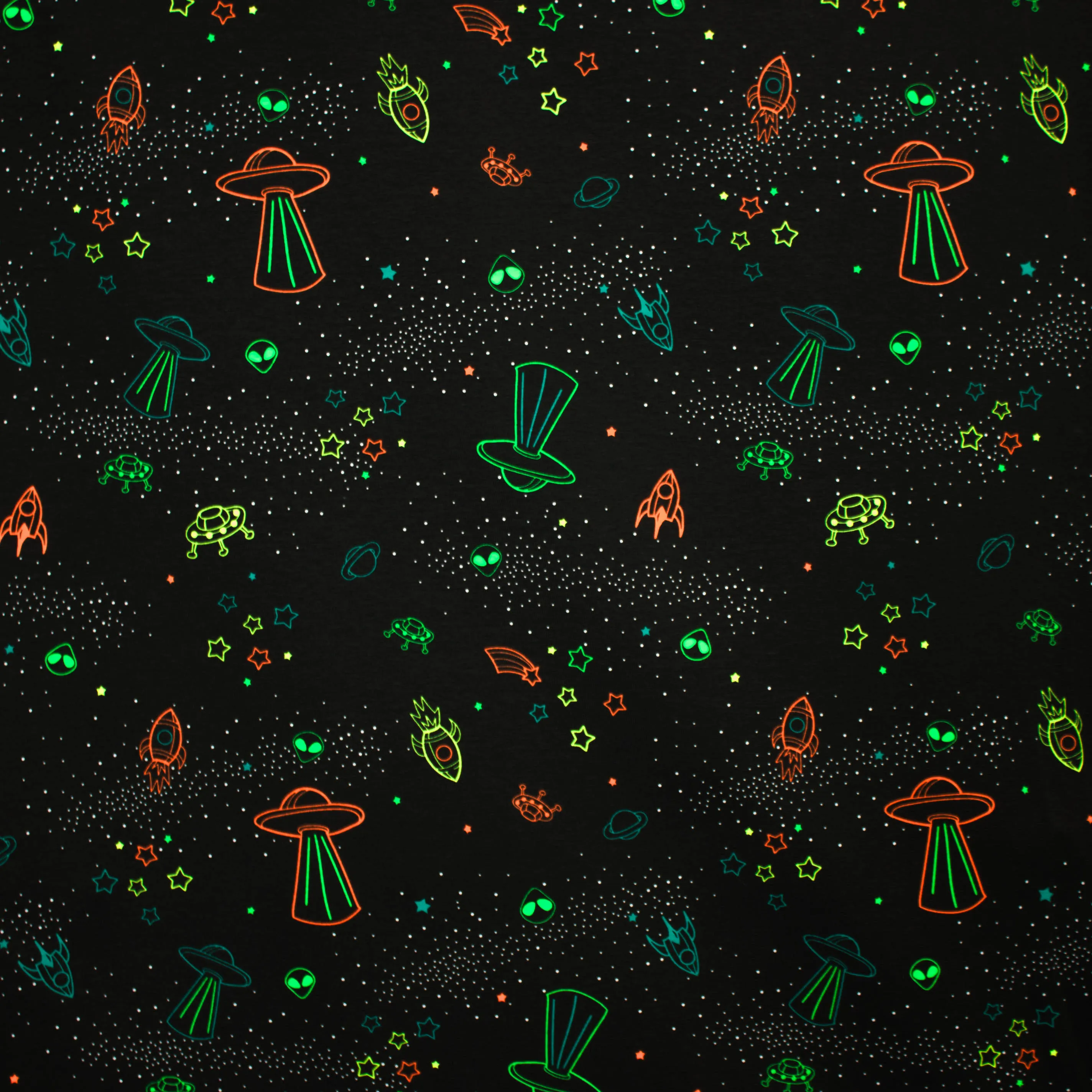 Katoen tricot zwart met neon ufo's