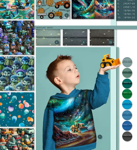 French terry blauw groen met graafmachines - Stenzo
