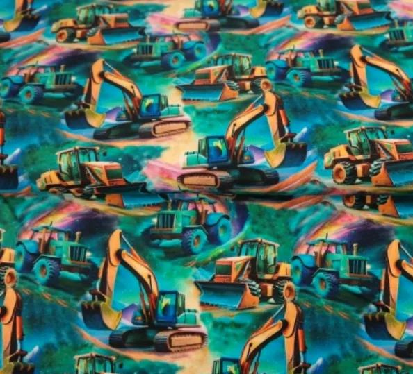 French terry blauw groen met graafmachines - Stenzo
