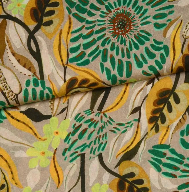 Linnen viscose bruin met abstracte bloemen - A La Ville