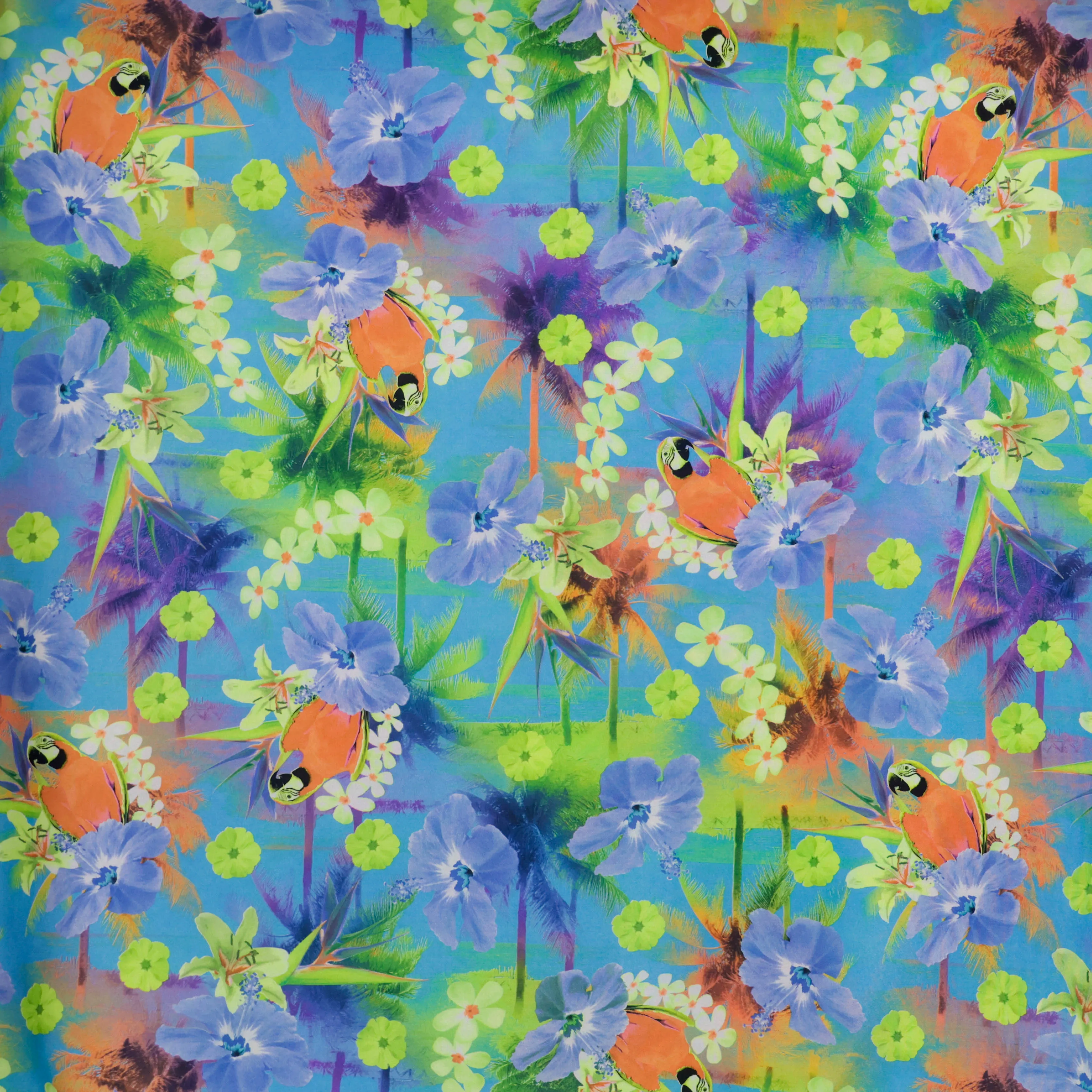 Badpakstof print met bloemen en papegaaien