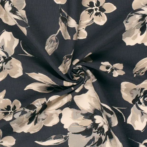 Geweven stof donkergrijs met bloemen