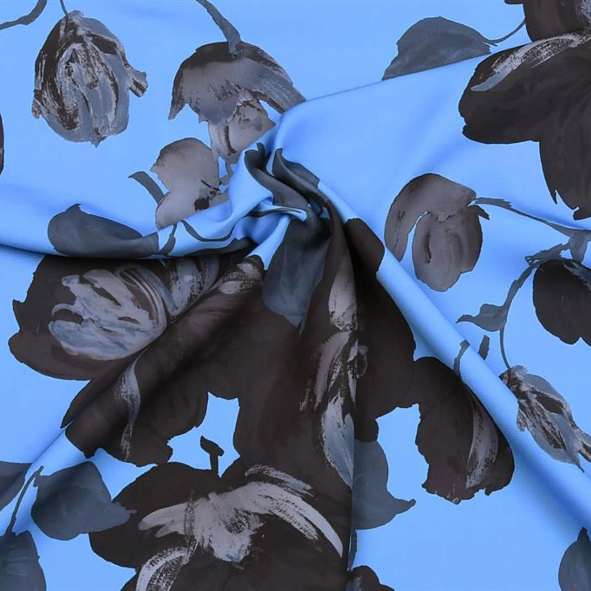 Polyester blauw met sierlijke zwarte bloemen - Burda