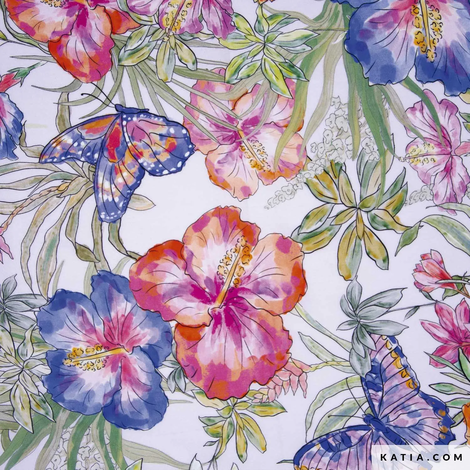 Viscose wit met bloemen en vlinders - Katia Fabrics