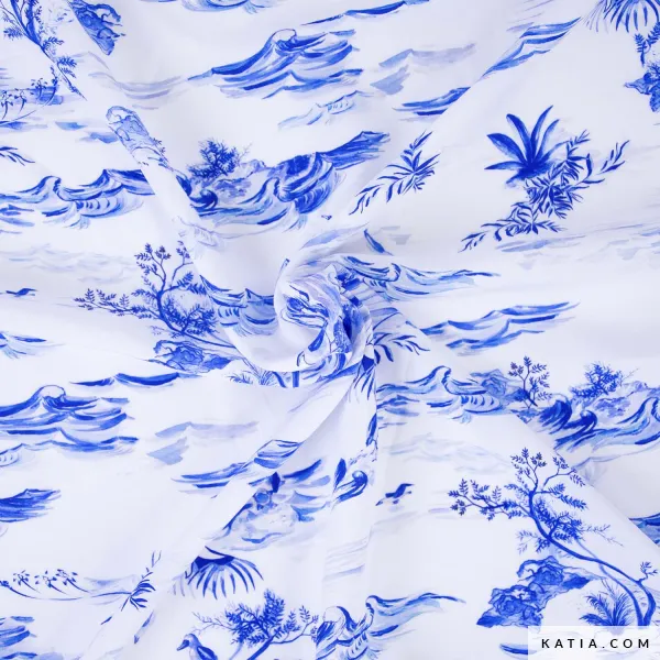 Viscose wit met blauw patroon - Katia Fabrics