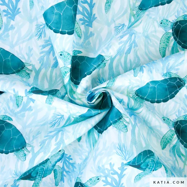 Polyester turquoise met schildpadden - Katia Fabrics
