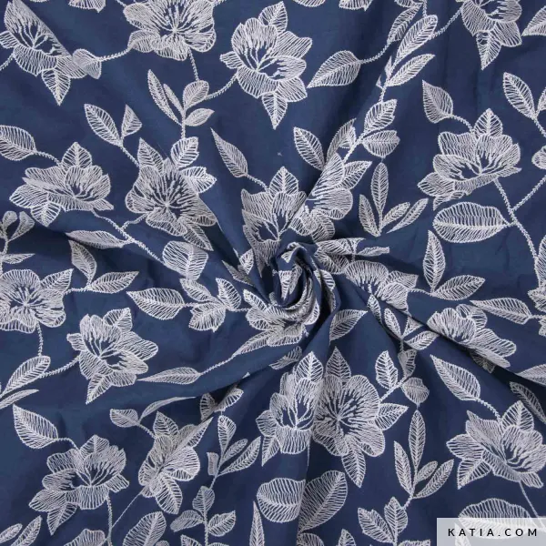 Katoen petrol met geborduurde bloemen - Katia Fabrics