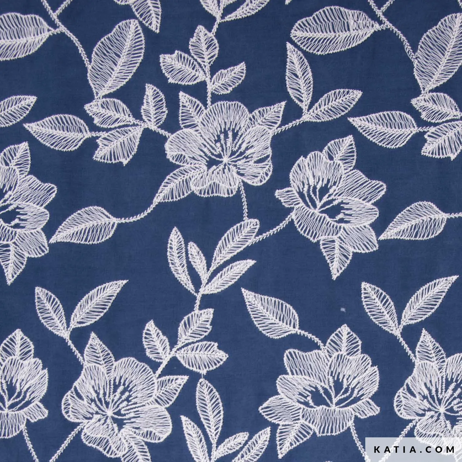 Katoen petrol met geborduurde bloemen - Katia Fabrics