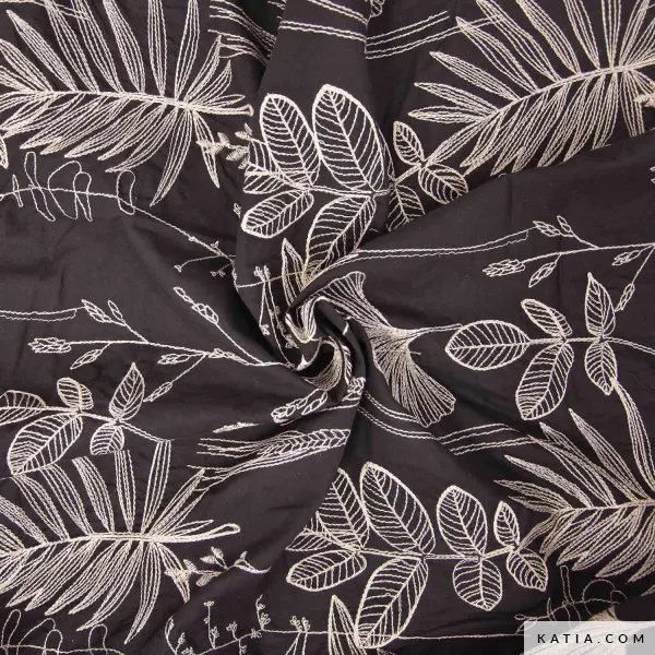 Katoen zwart met geborduurde bladeren - Katia Fabrics