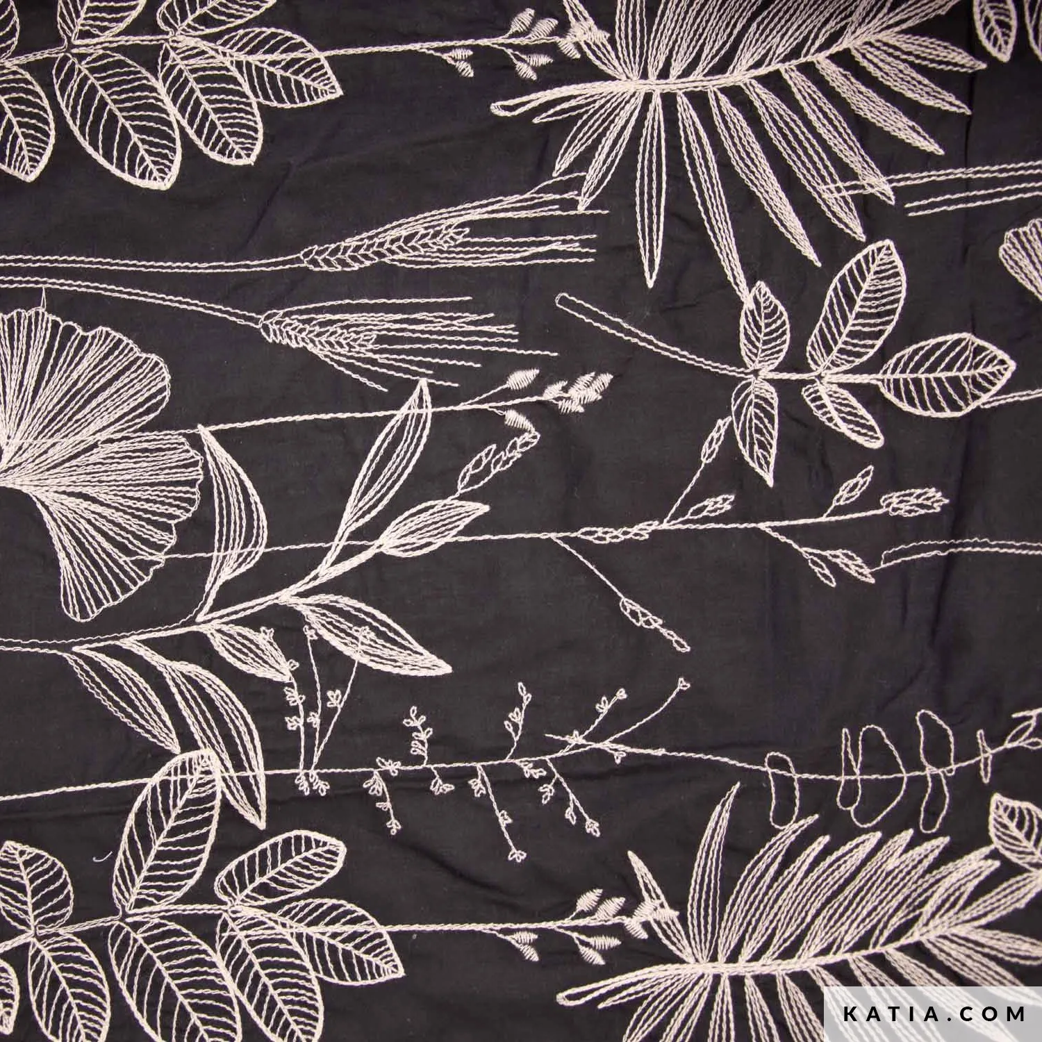 Katoen zwart met geborduurde bladeren - Katia Fabrics