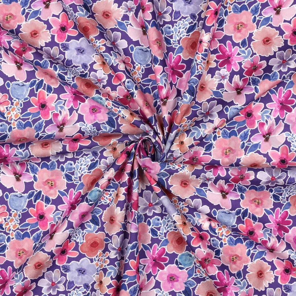 Popeline paars met bloemenprint - Poppy