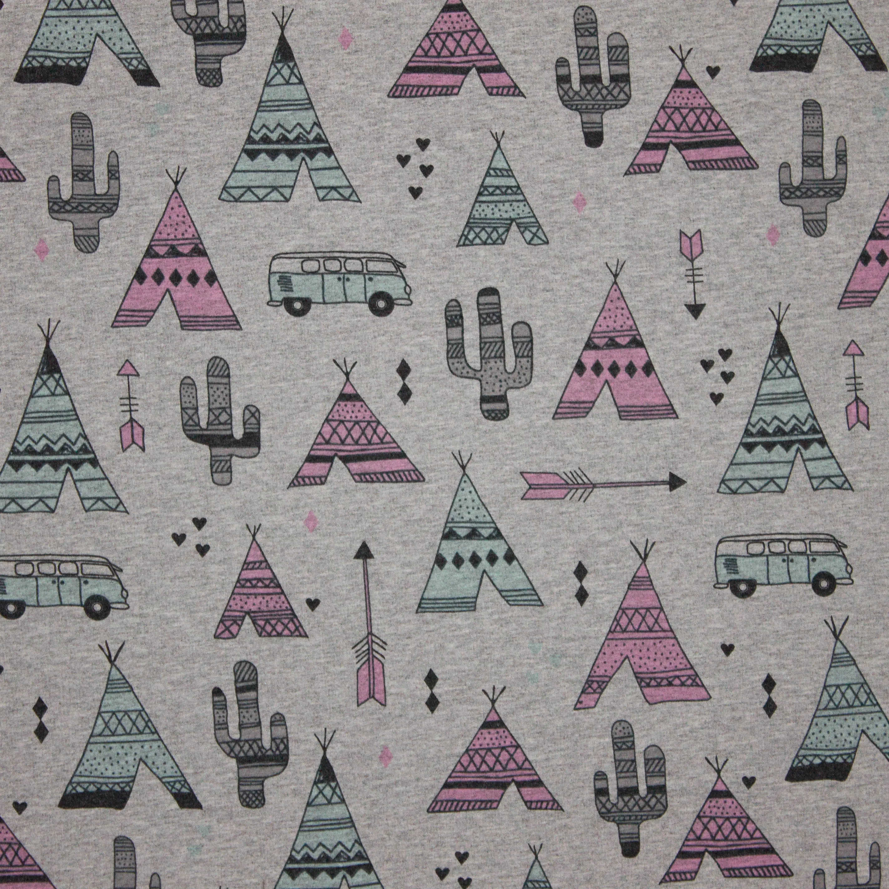 French terry lichtgrijs met tenten, pijlen, busjes en cactussen (roze en blauw)