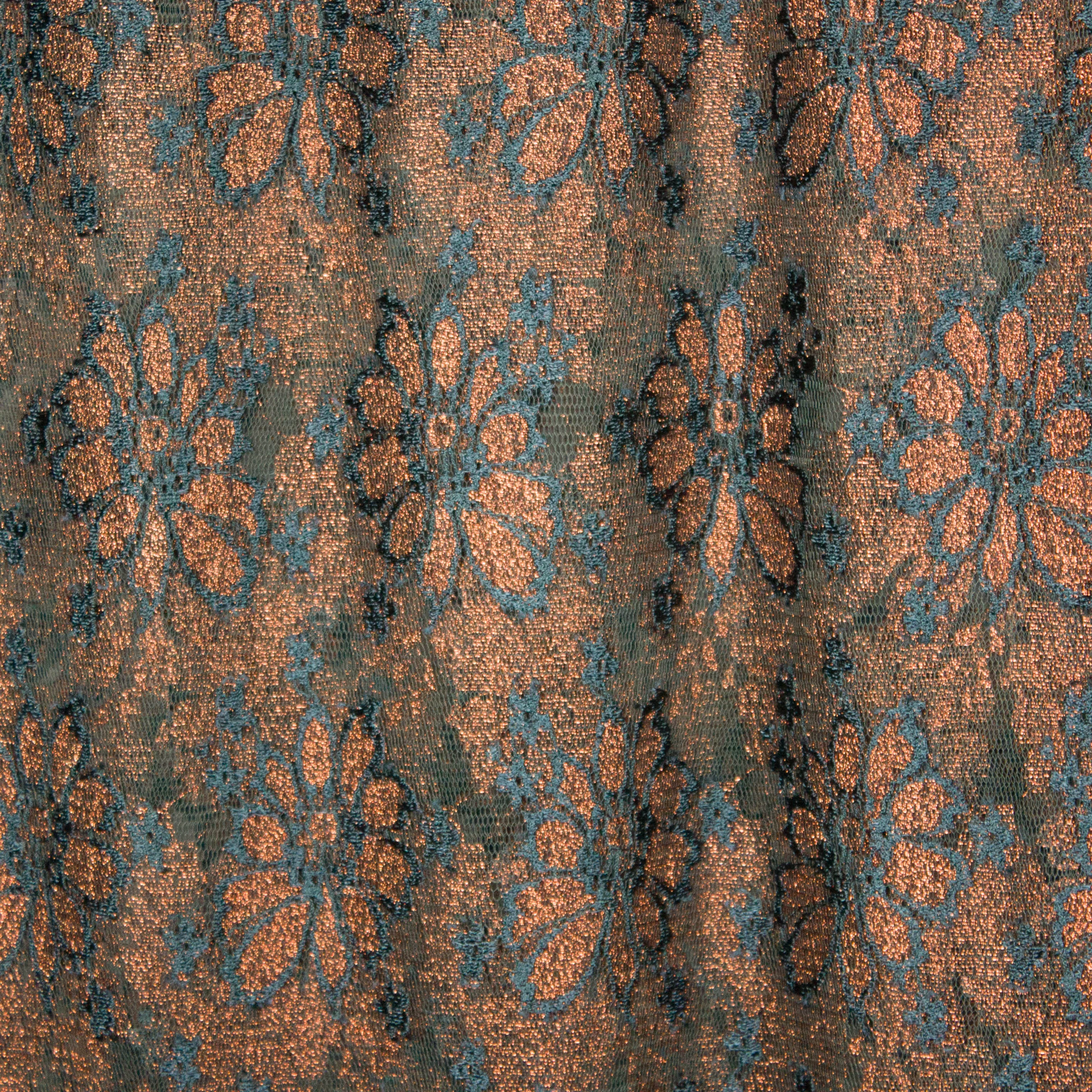 Stretch kant met bloemenmotief in glitterbrons en donkerblauw