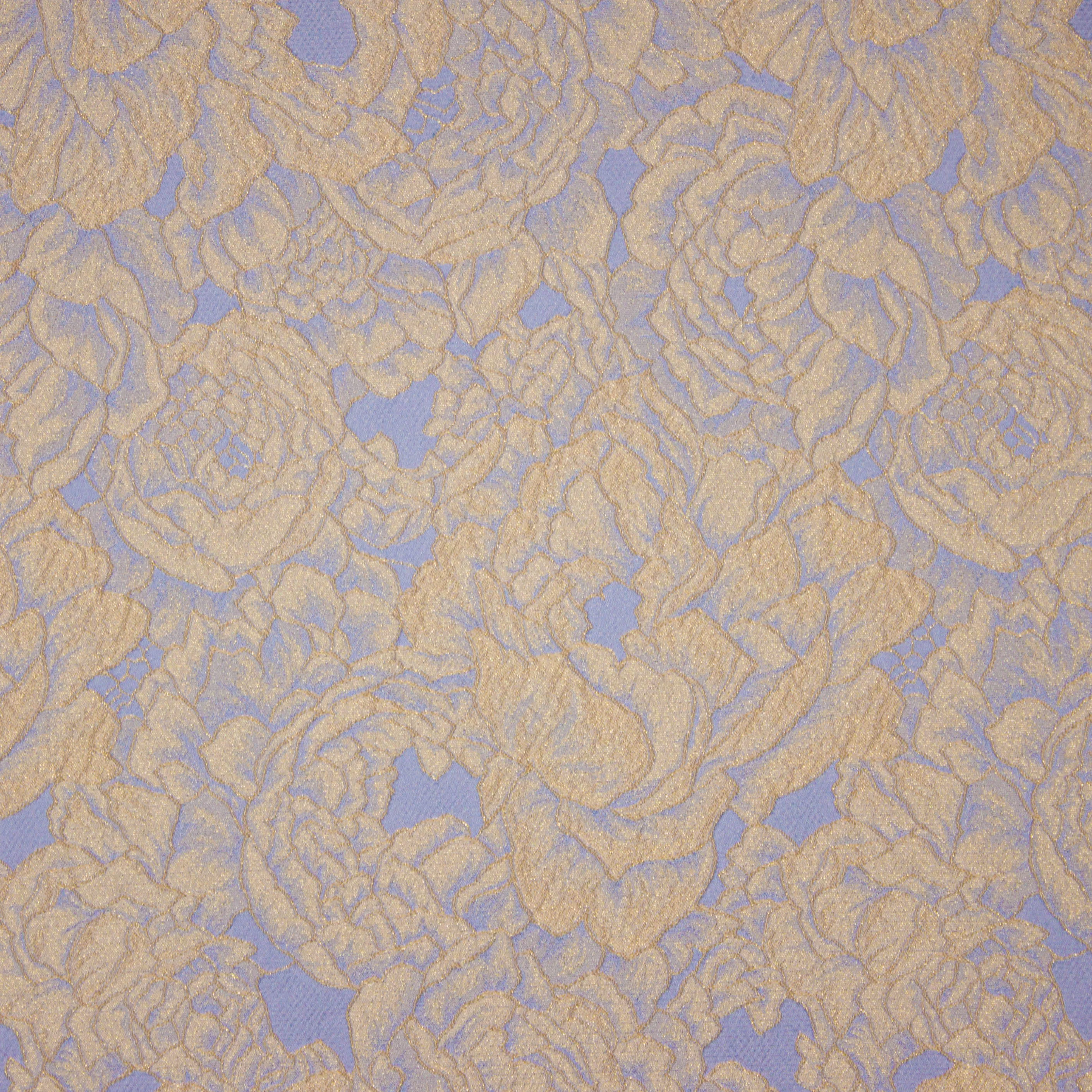 Italiaanse jacquard met bloemenmotief in beige en lichtblauw met gouden glitter