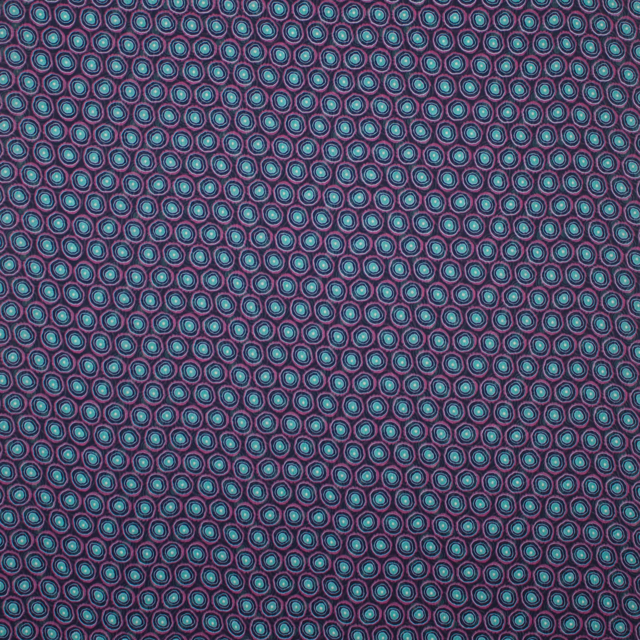Fijne polyester met bollen motief in paars en blauw