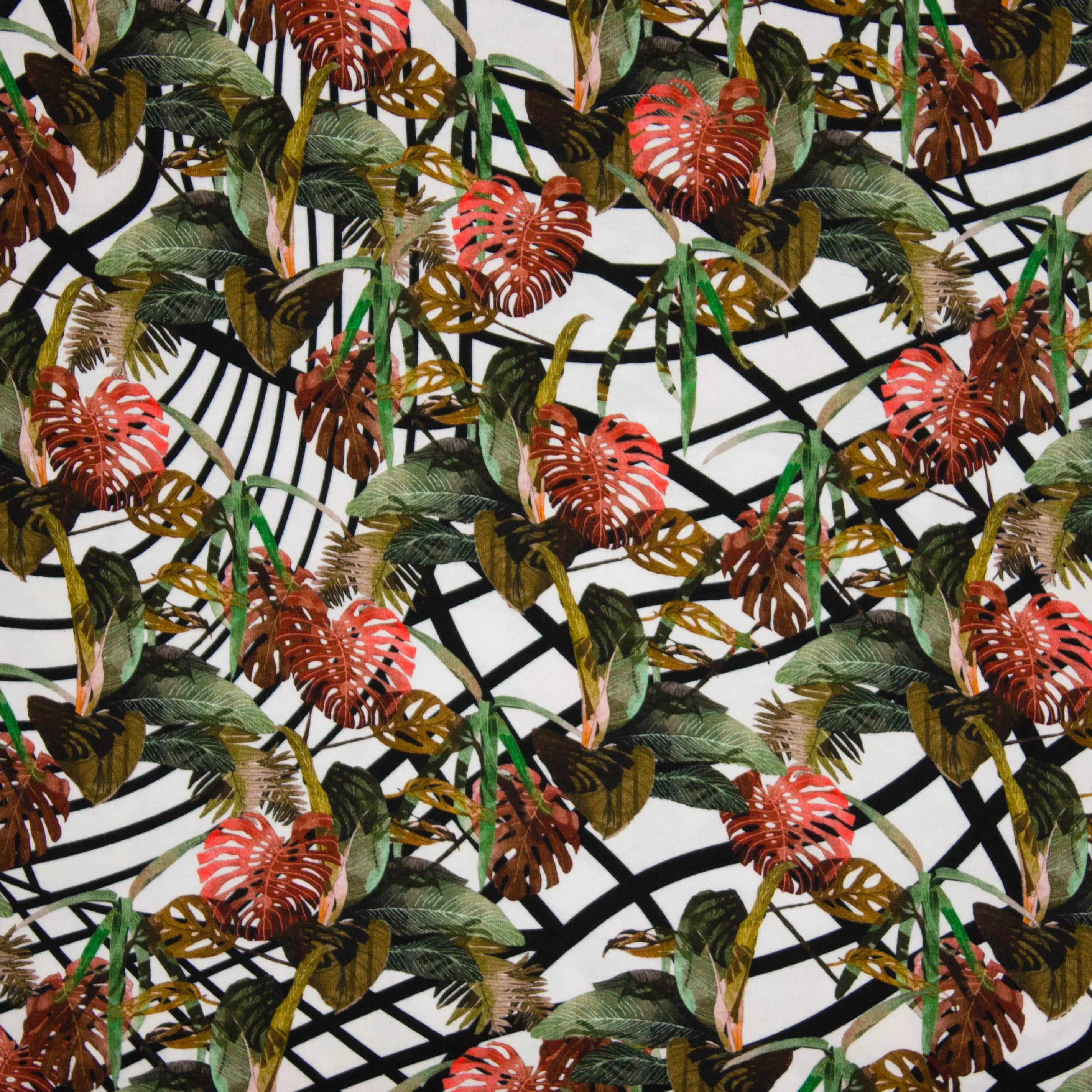 Witte viscose tricot met print van tropische bladeren - "Tropical Grid" - Penelope