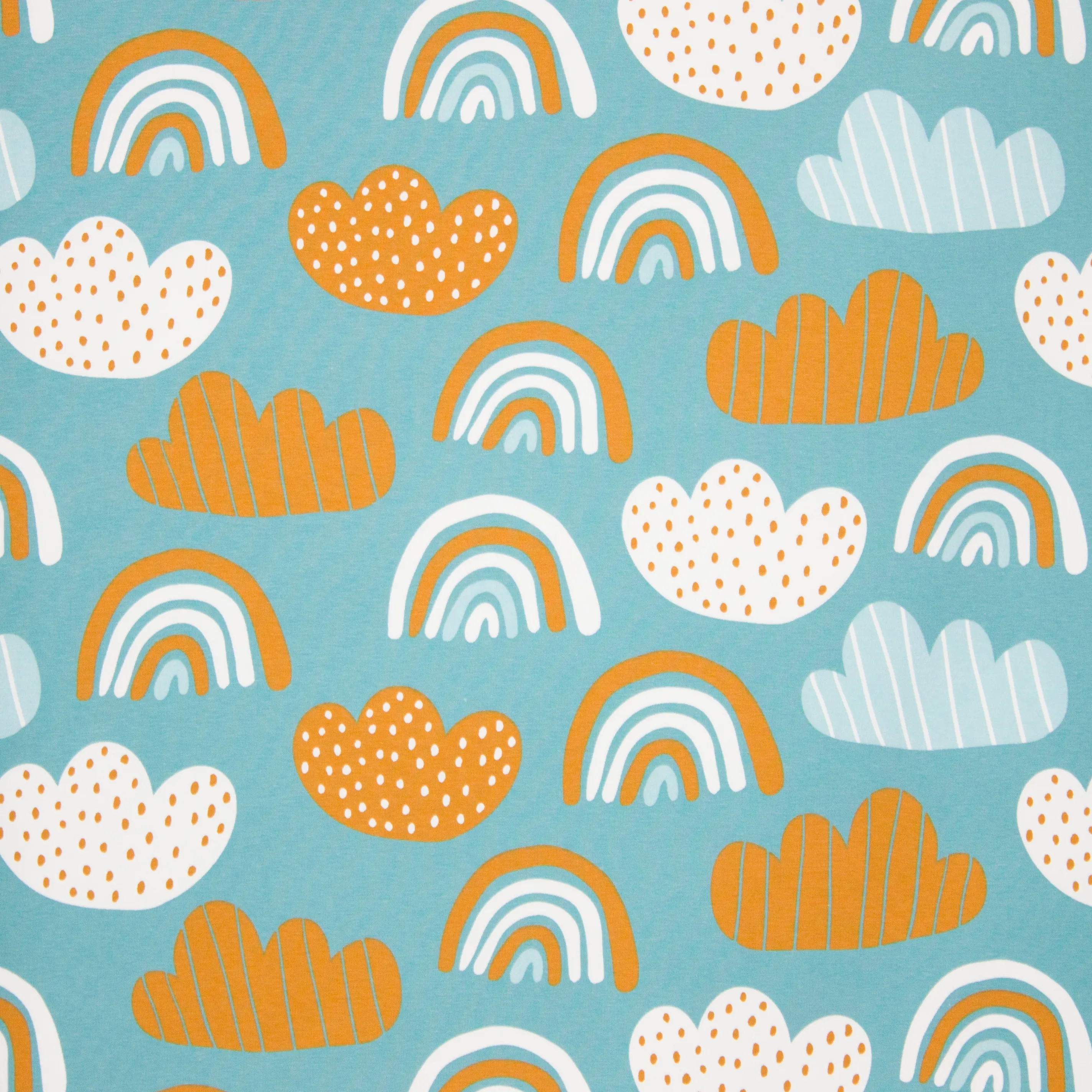 Turquoise tricot met oker, blauwe en witte regenbogen en wolken