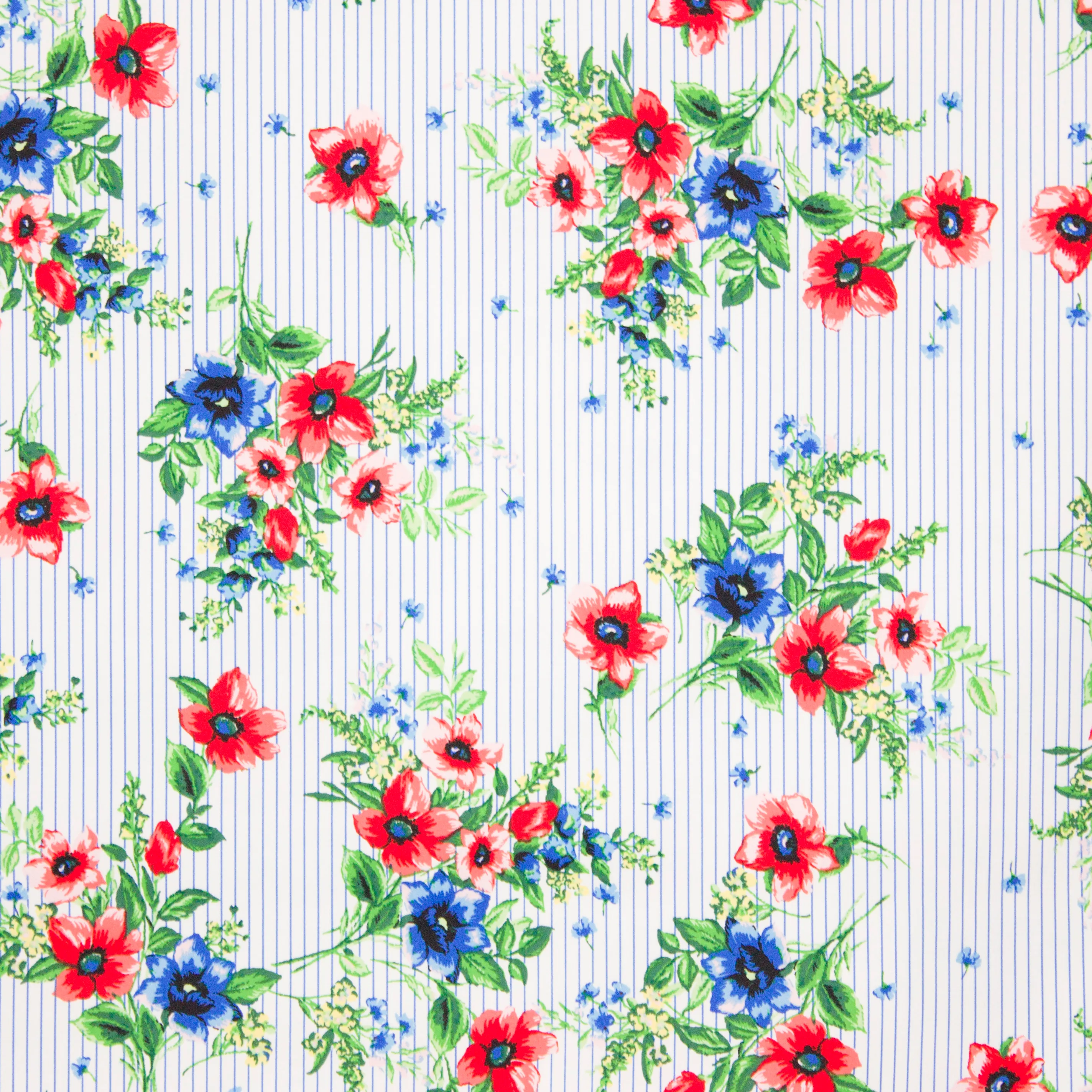 Witte katoen stretch met blauwe strepen en bloemen