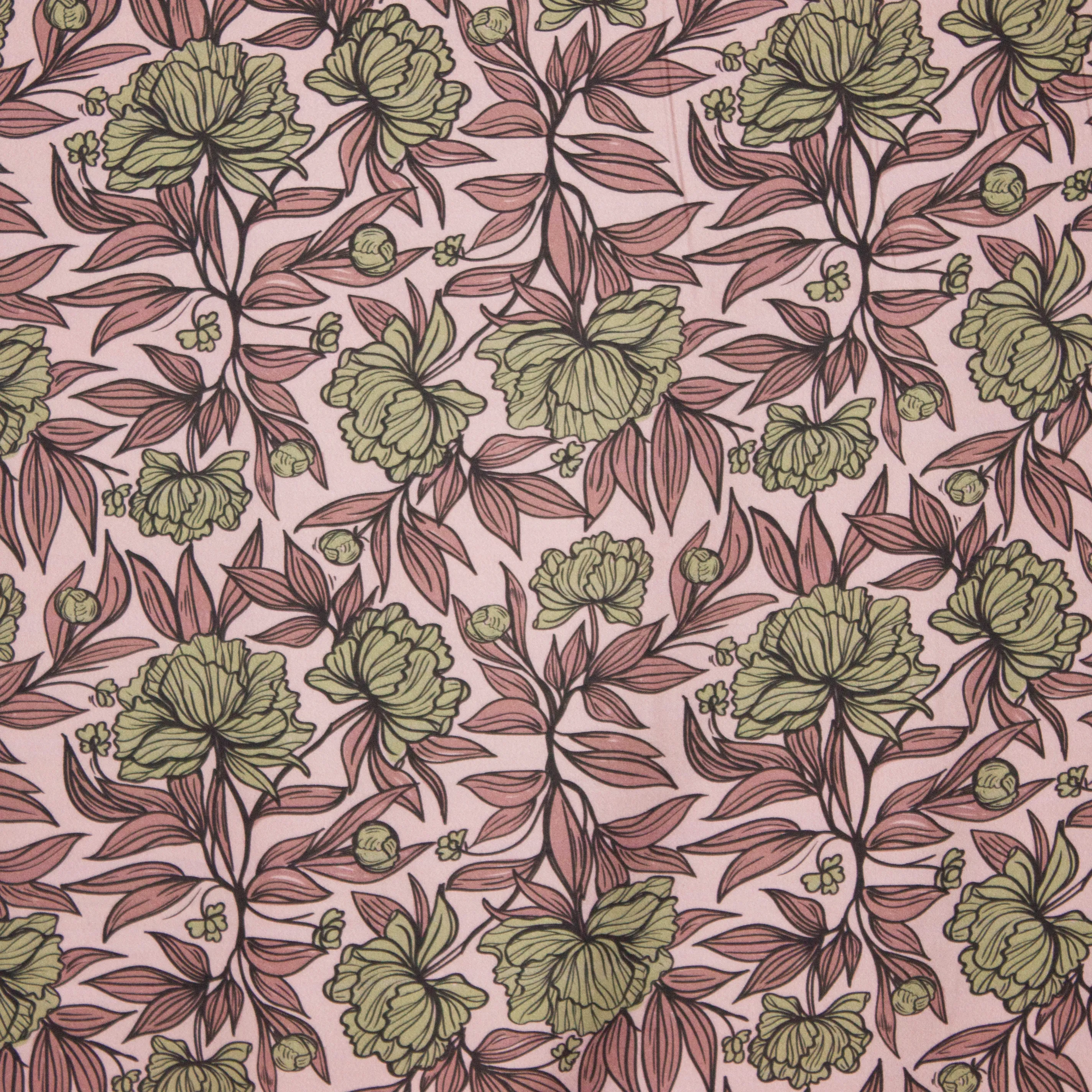 Roze viscose met groene bloemen