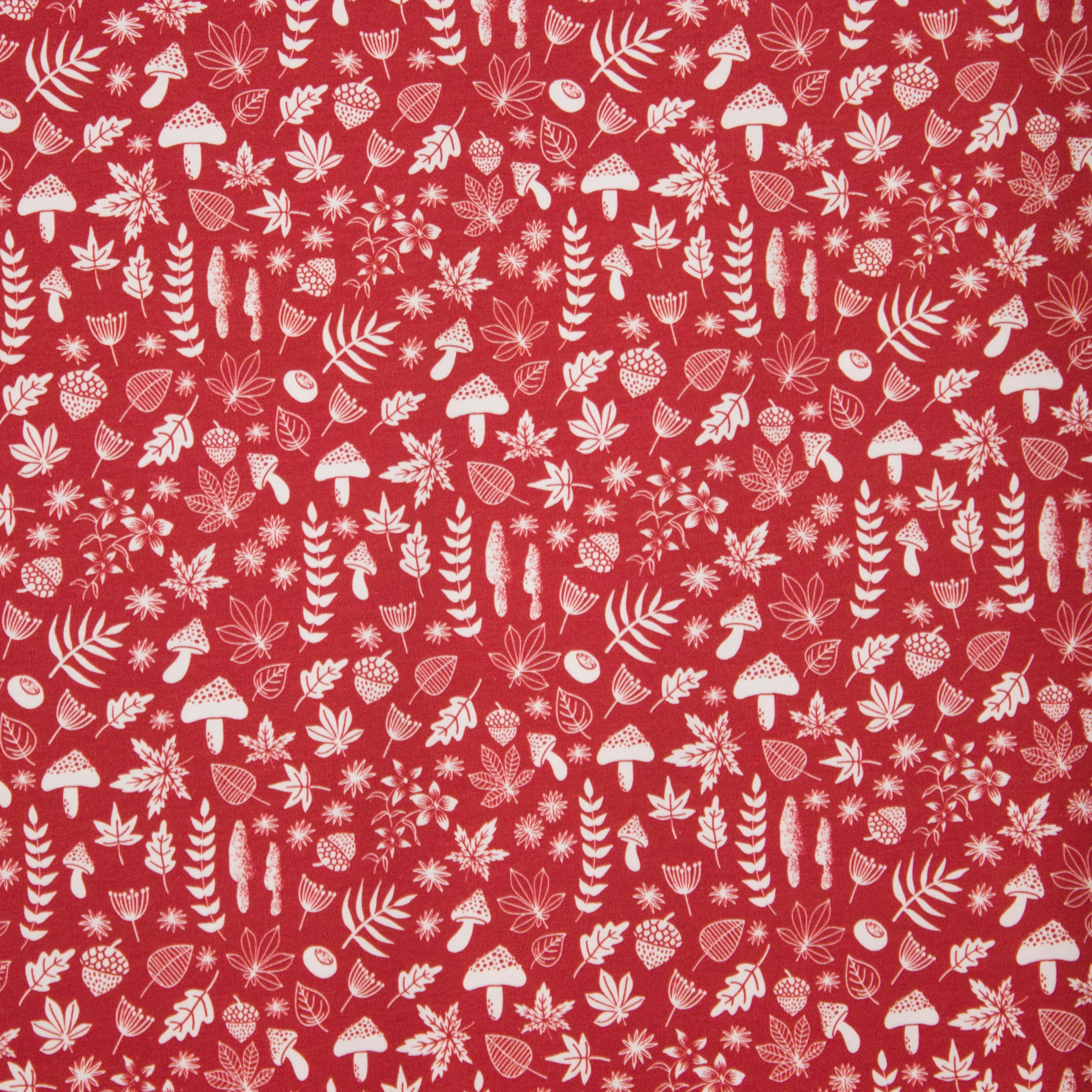 Rode tricot met bladeren en paddenstoelen