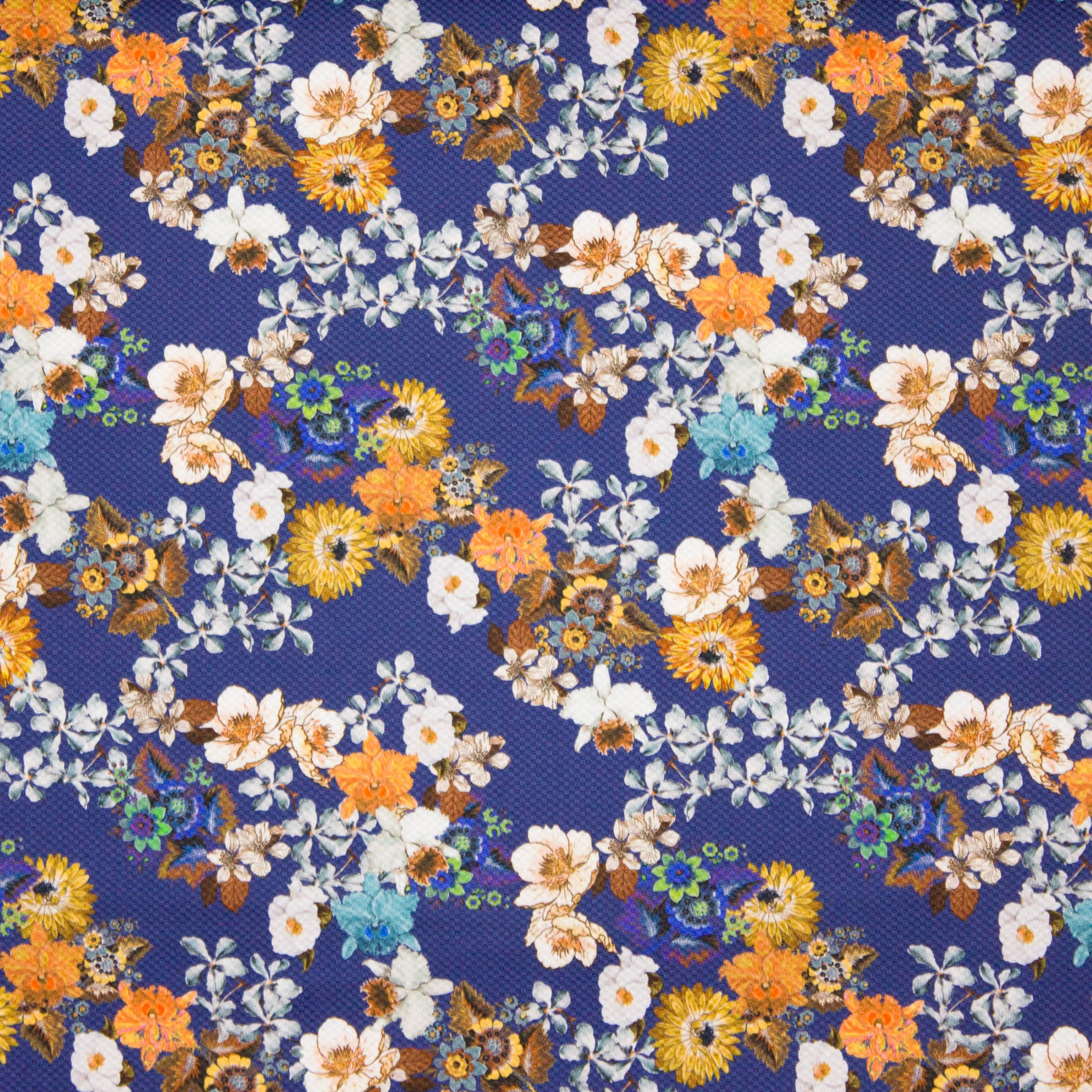 Blauwe Italiaanse piqué katoen met bloemen bedrukking