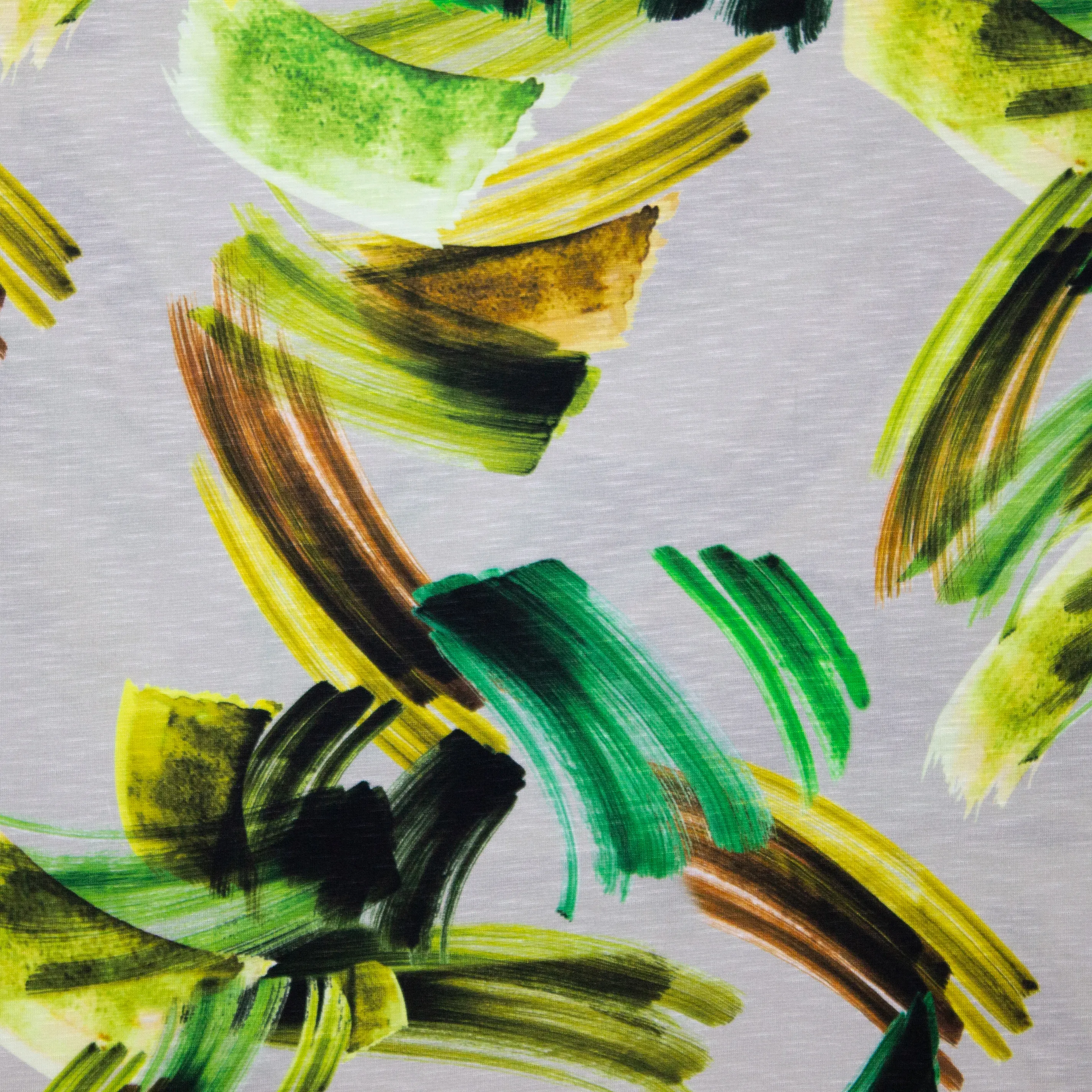 Grijze gemêleerde viscose tricot met groene en bruine verfstrepen