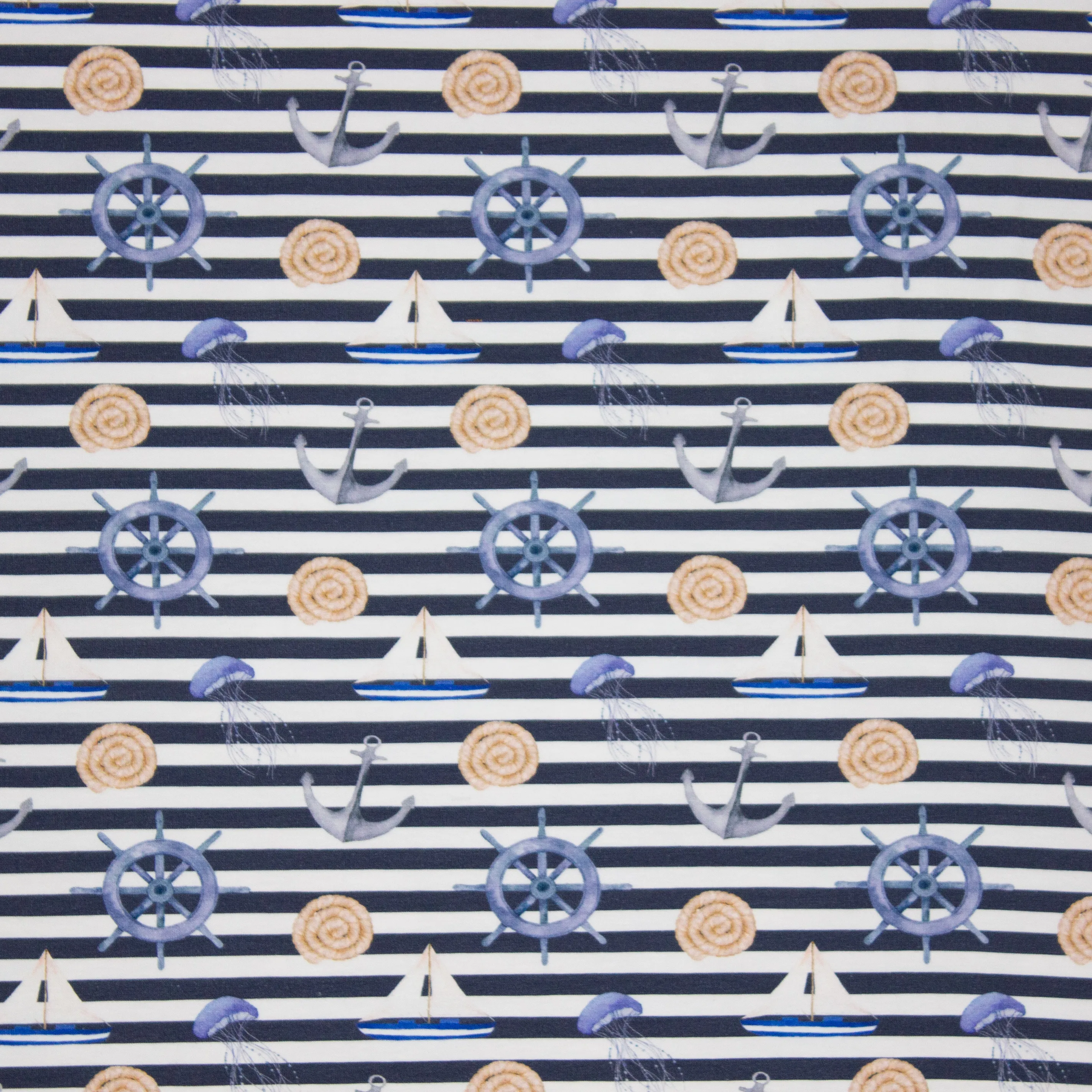 Blauw gestreepte katoentricot met ankers, boten en schelpen