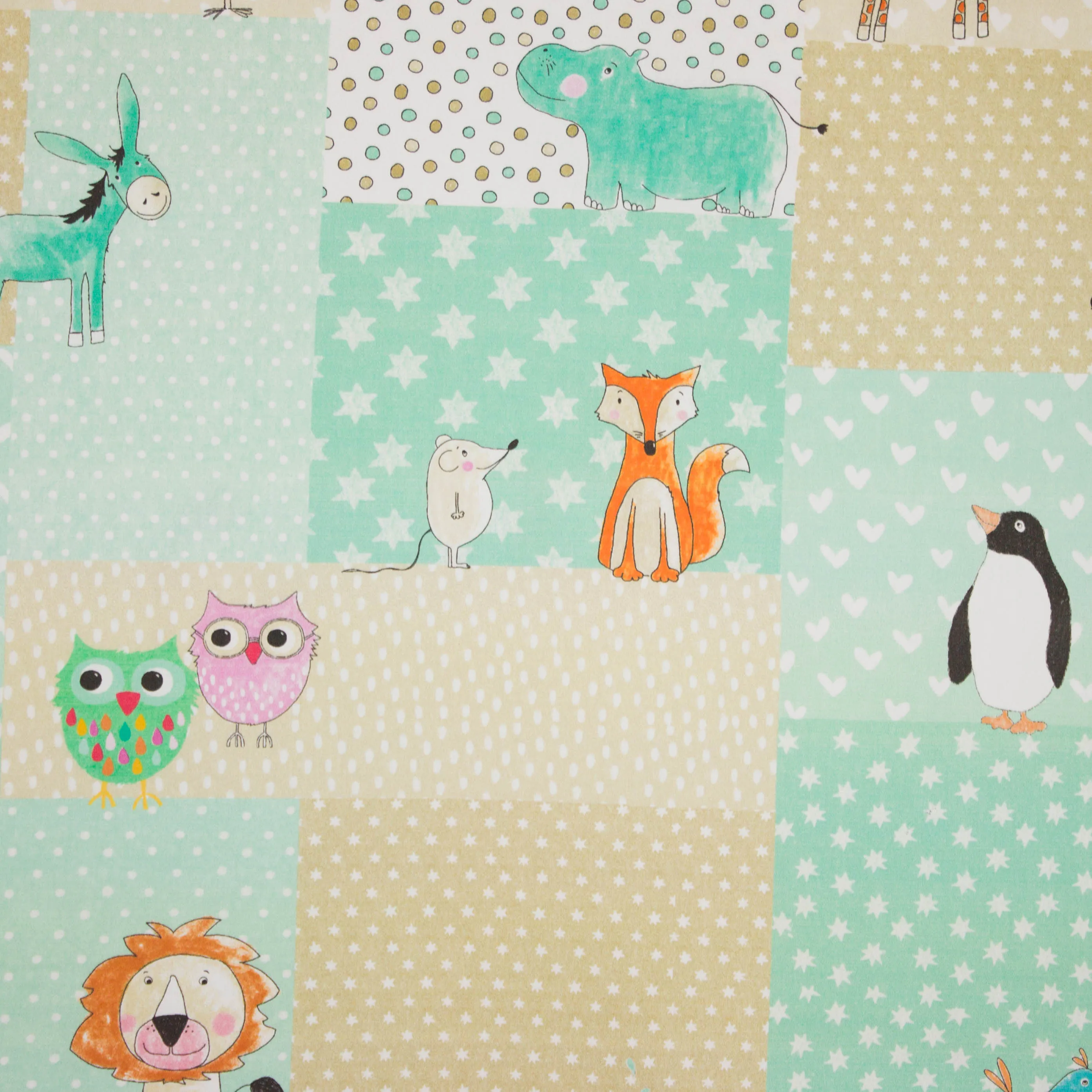 Polyester / katoen mengeling met vakjes en dieren motief